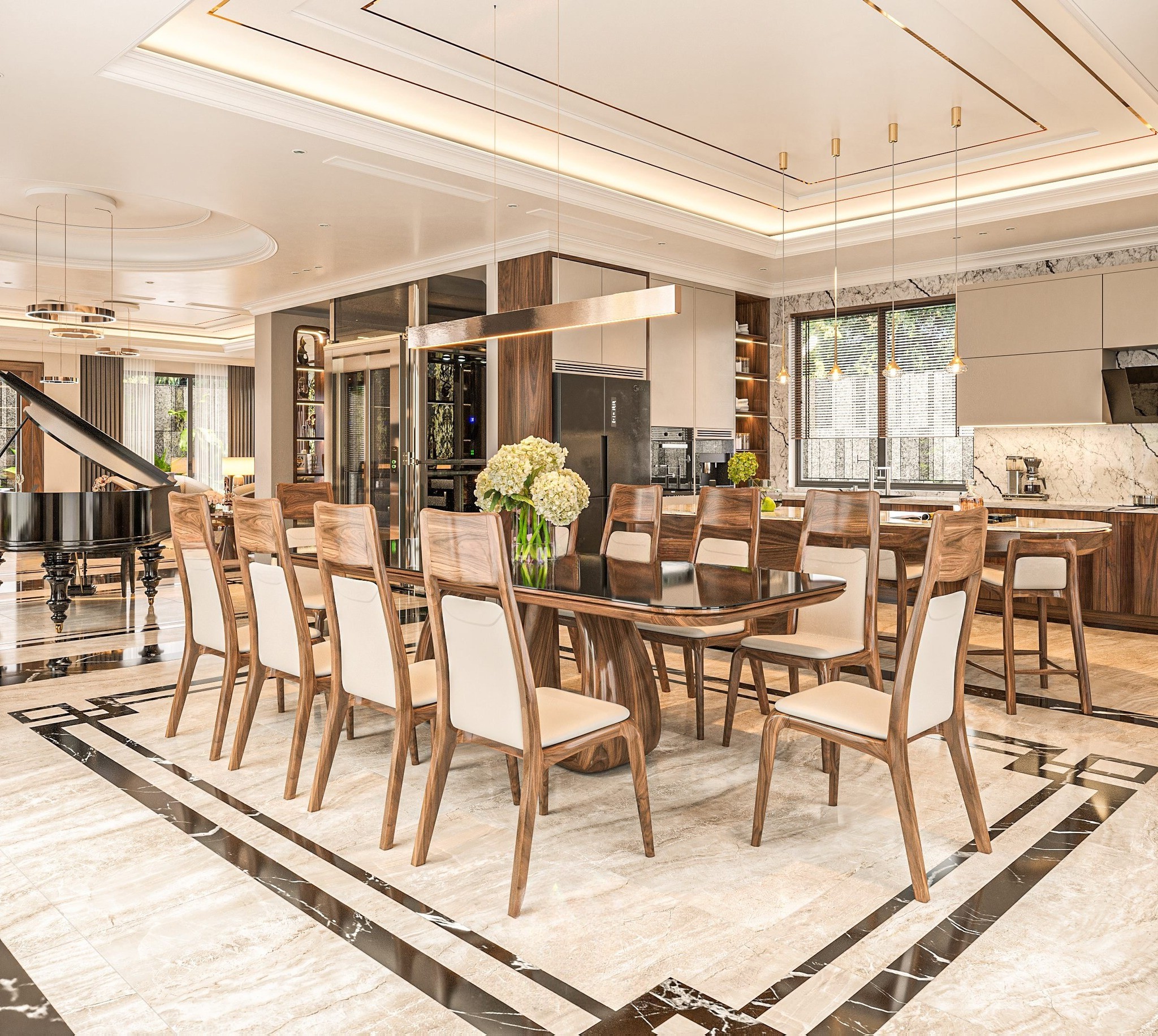 Bàn ăn 10 ghế gỗ óc chó mặt kính tối màu