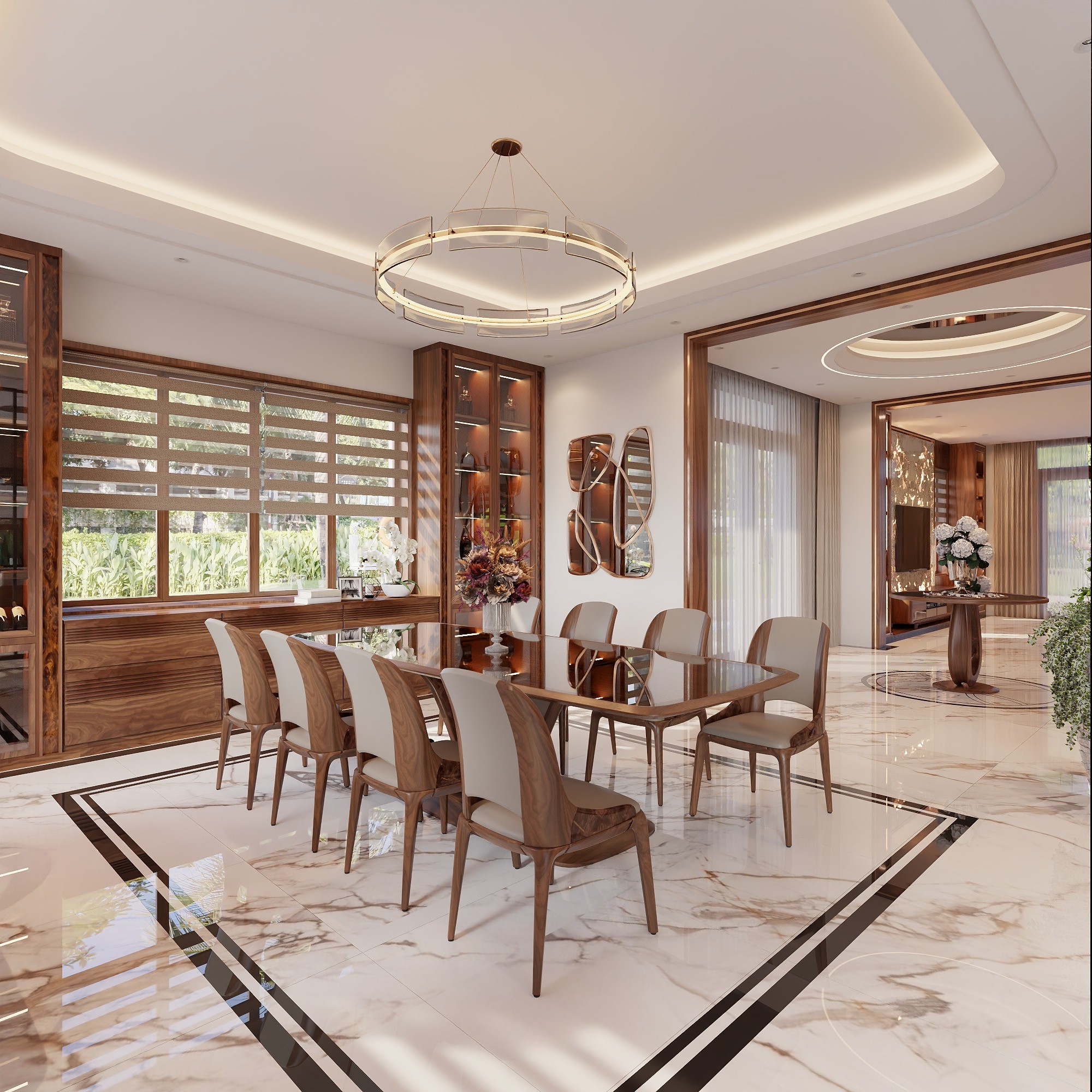 Bàn ăn 8 ghế gỗ tự nhiên mặt kính viền gỗ chữ nhật sang trọng