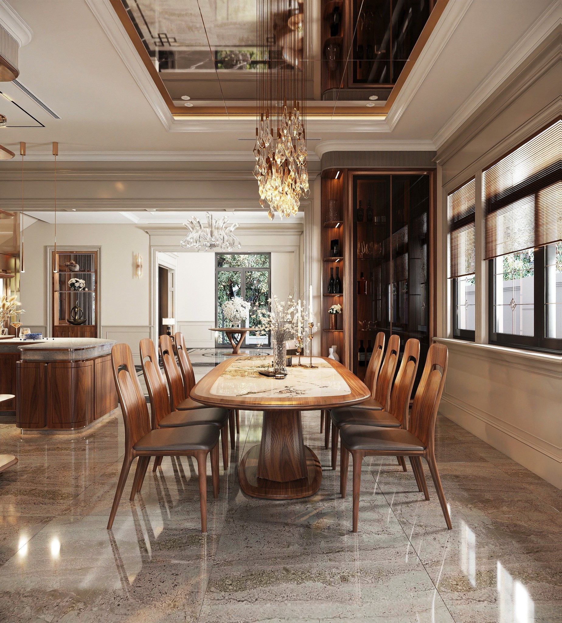 Bàn ăn cao cấp mặt đá cẩm thạch khung viền gỗ, chân trụ giữa và ghế tựa cong sang trọng