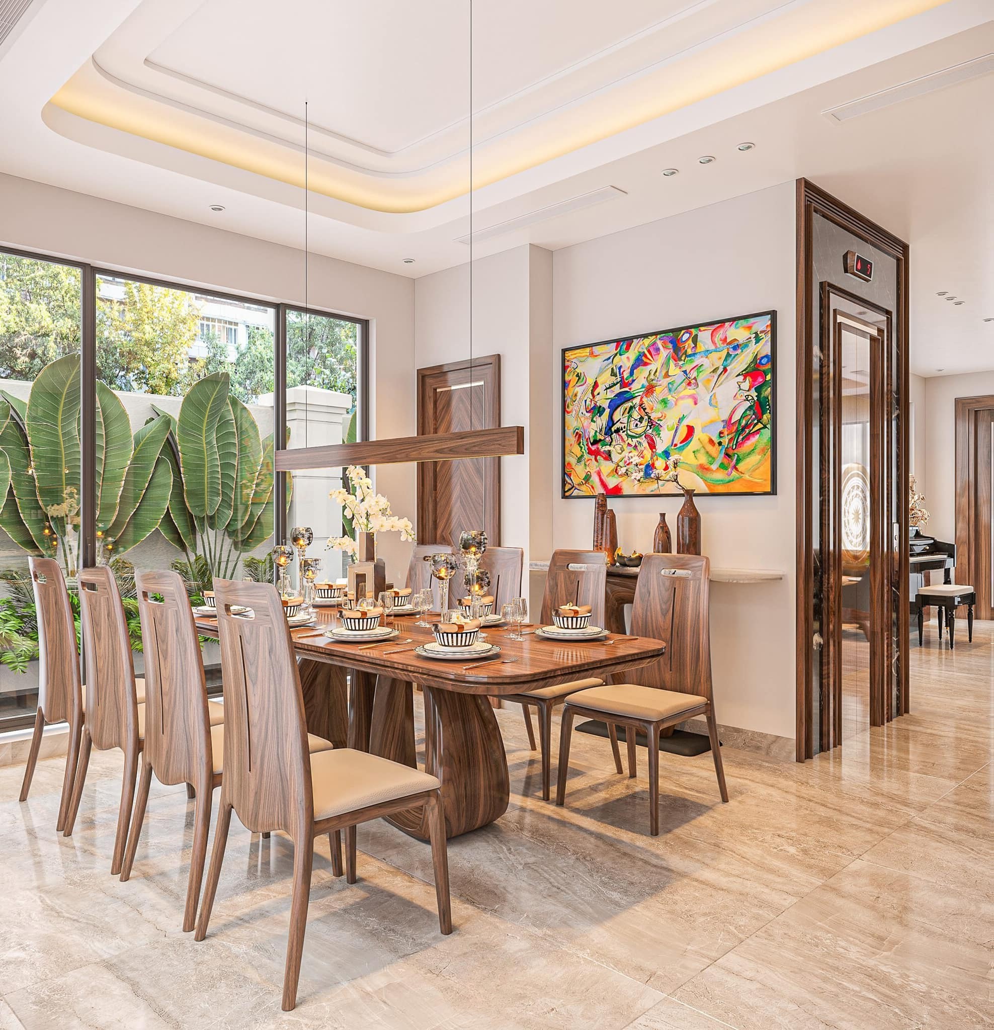 Bàn ăn đẹp hiện đại 8 ghế gỗ óc chó sang trọng với đệm ngồi bọc da màu be