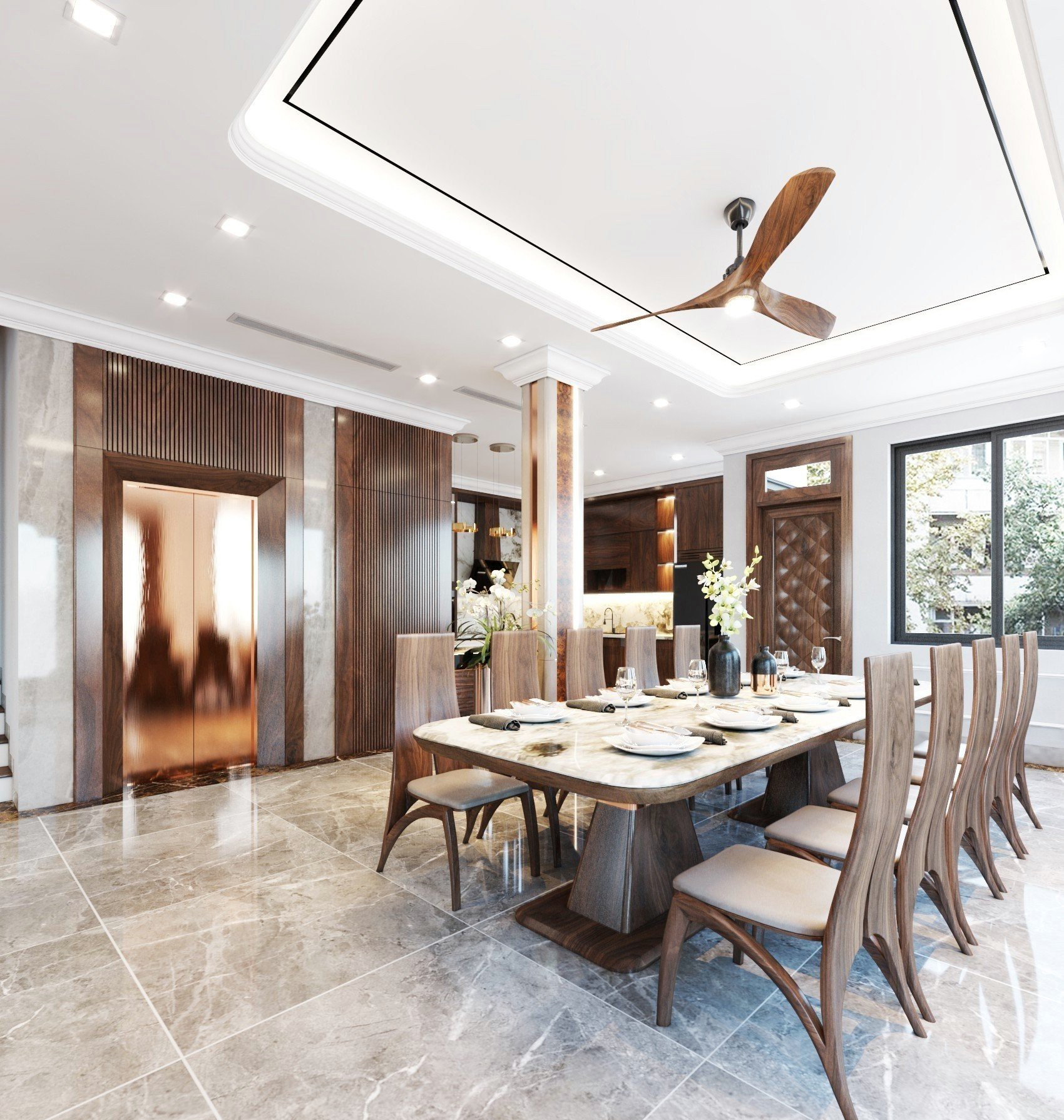 Bàn ăn đẹp gỗ óc chó mặt đá marble trắng vân xám