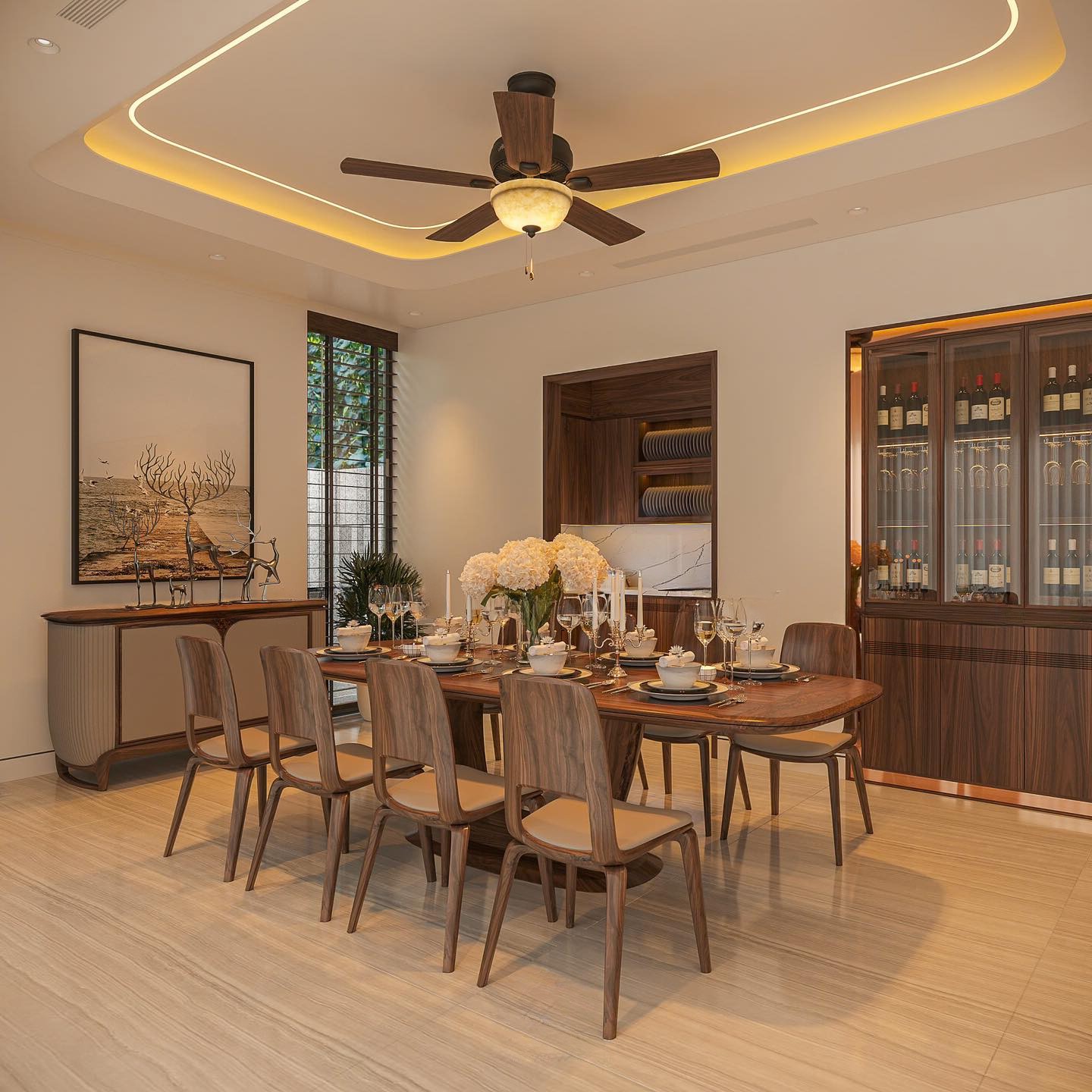 Bàn ăn gia đình gỗ óc chó 6–8 chỗ ngồi sang trọng