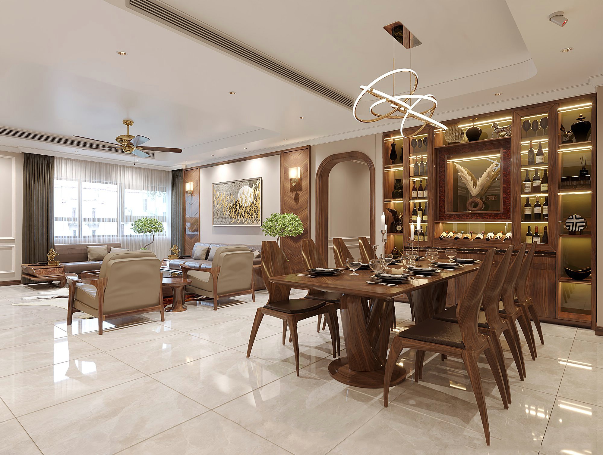 Bàn ăn gỗ óc chó nguyên khối sang trọng hiện đại