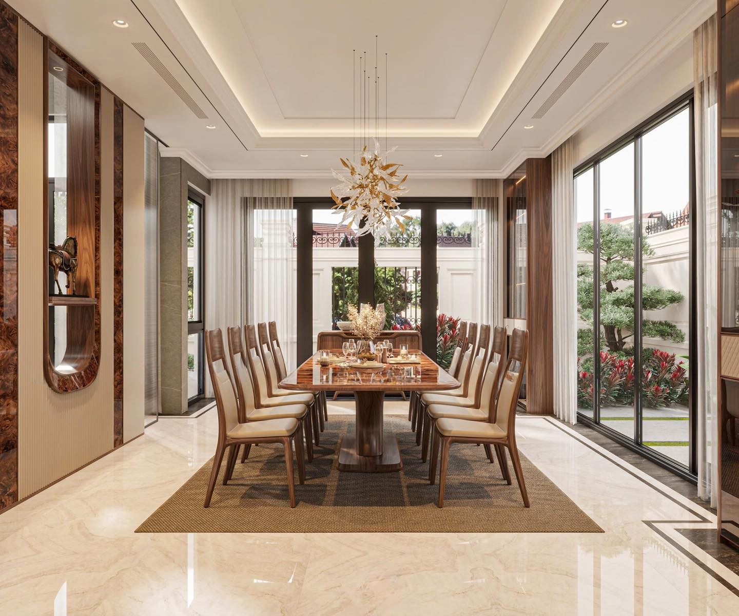 Bàn ăn hiện đại gỗ óc chó và mặt đá tự nhiên sang trọng