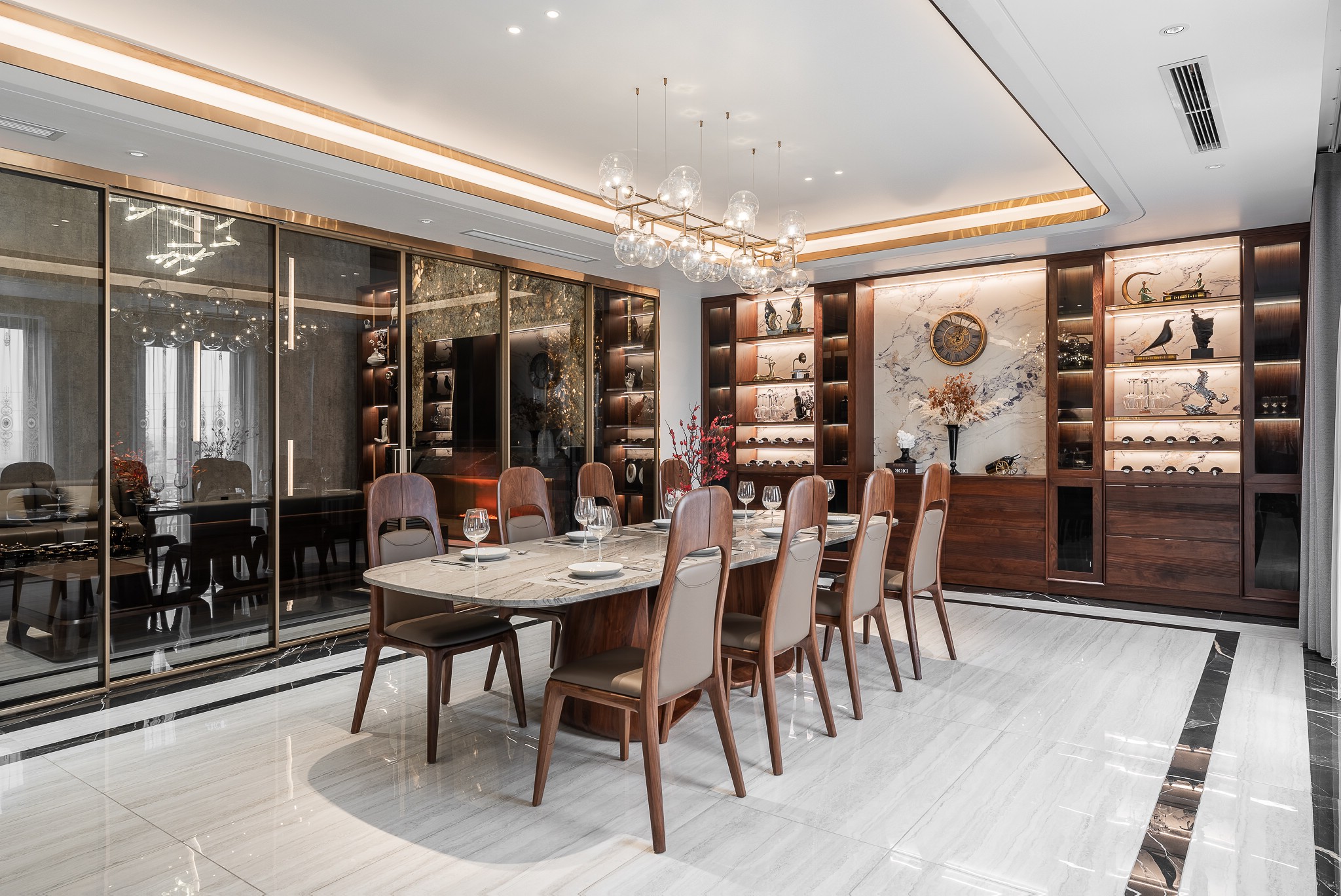 Bàn ăn mặt đá cao cấp marble xám vân đen gỗ óc chó