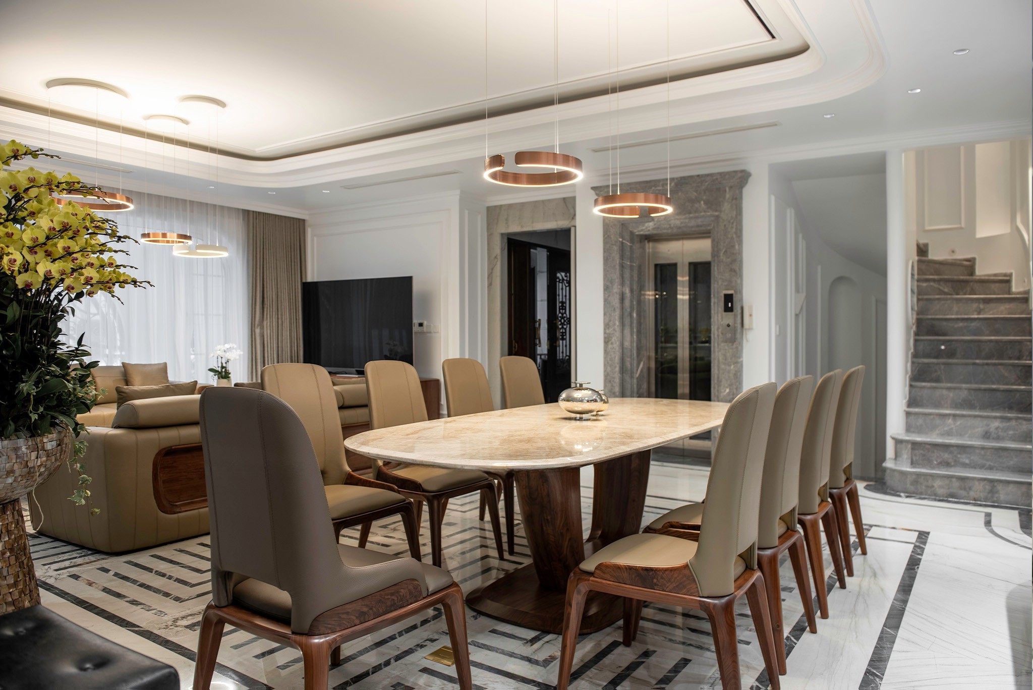 Bàn ăn mặt đá hiện đại marble nâu nhạt vân mây gỗ óc chó