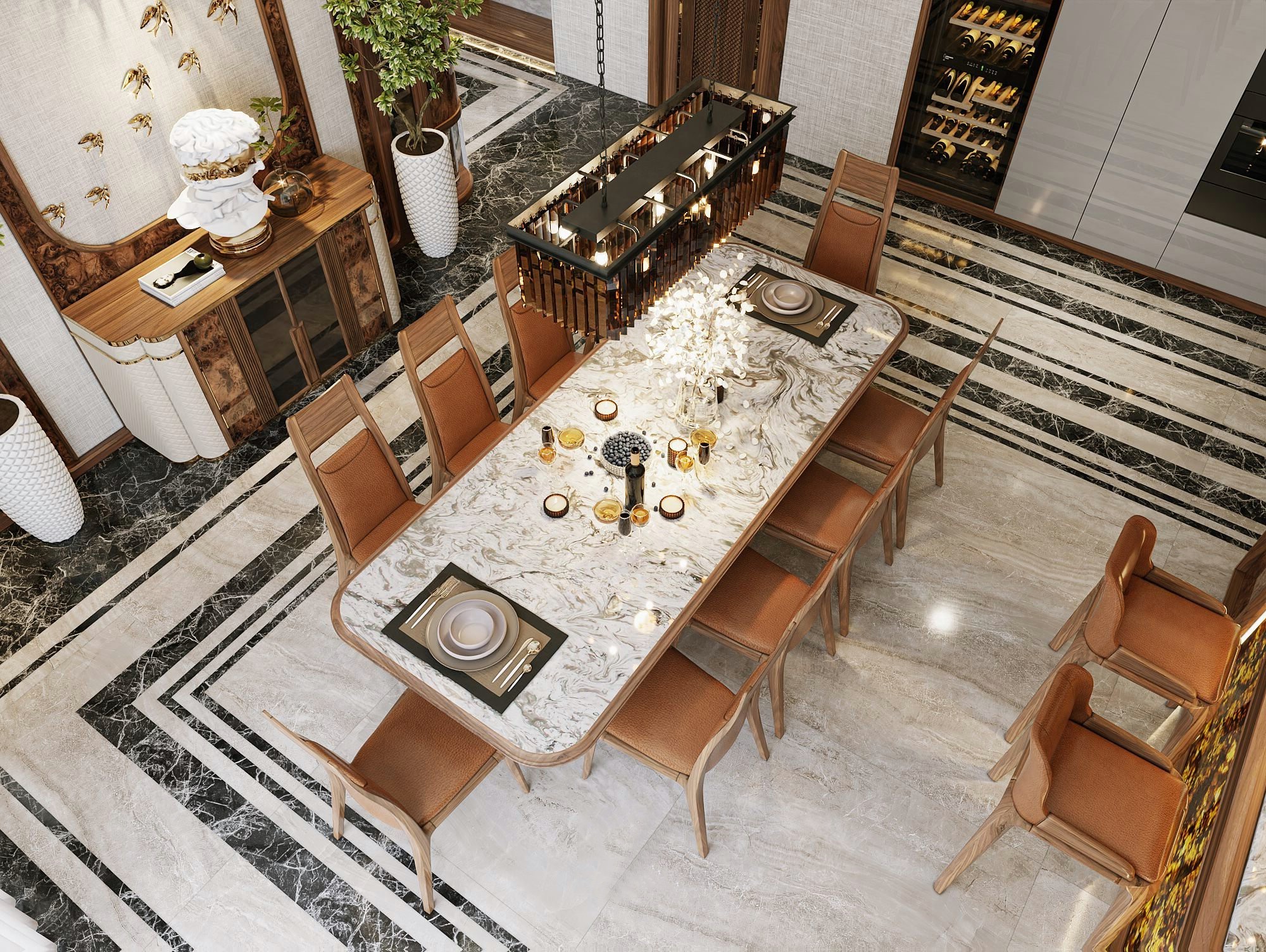 Bàn ăn mặt đá marble vân mây kem – nâu xám, ghế bọc nâu đất lưng cao