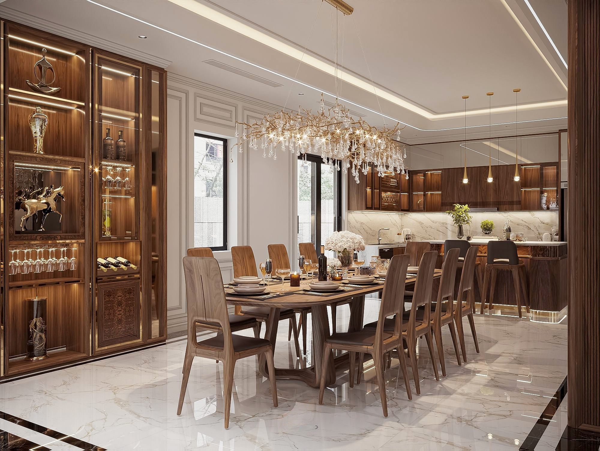 Bàn ăn gỗ óc chó cao cấp 10 ghế sang trọng