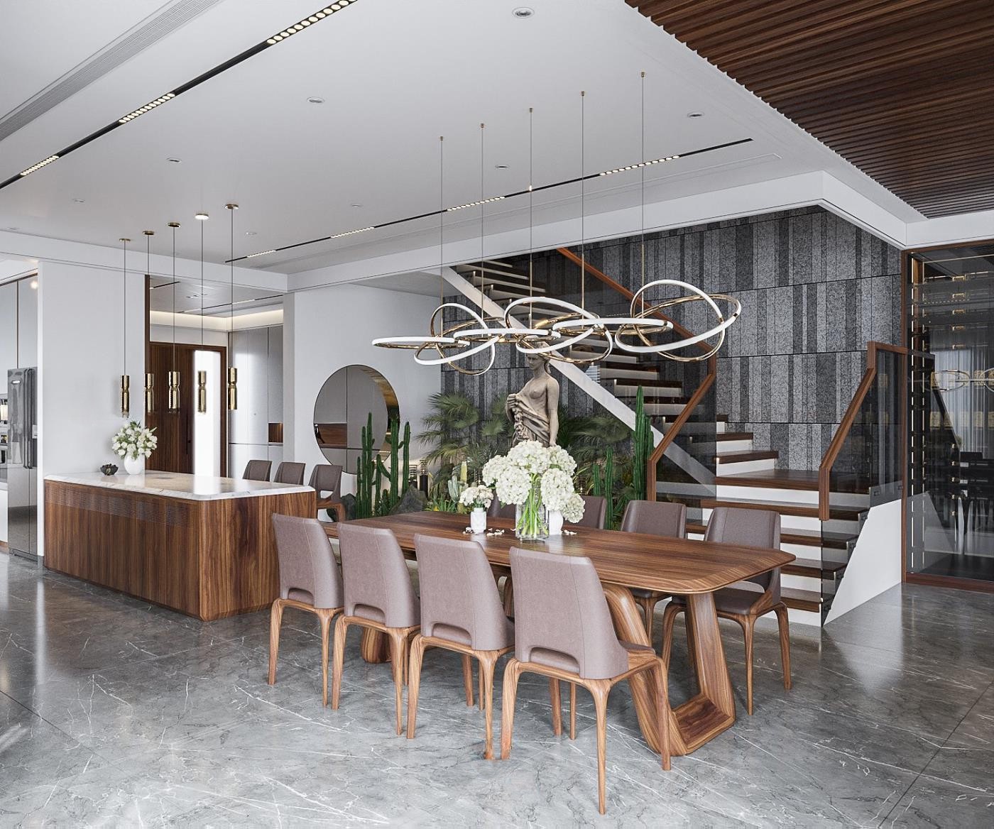 Bộ bàn ăn phòng bếp hiện đại 8 ghế chất liệu gỗ óc chó sang trọng