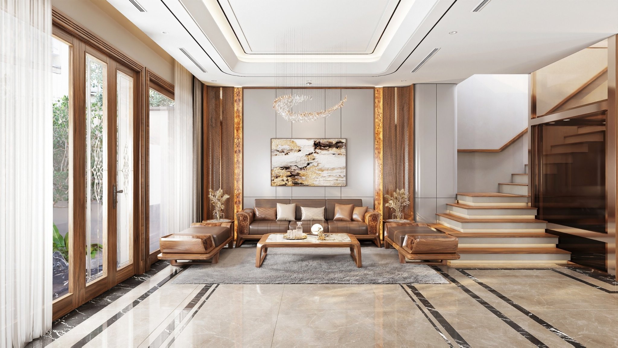 Bàn ghế gỗ phòng khách nhỏ xinh bằng gỗ óc chó hiện đại