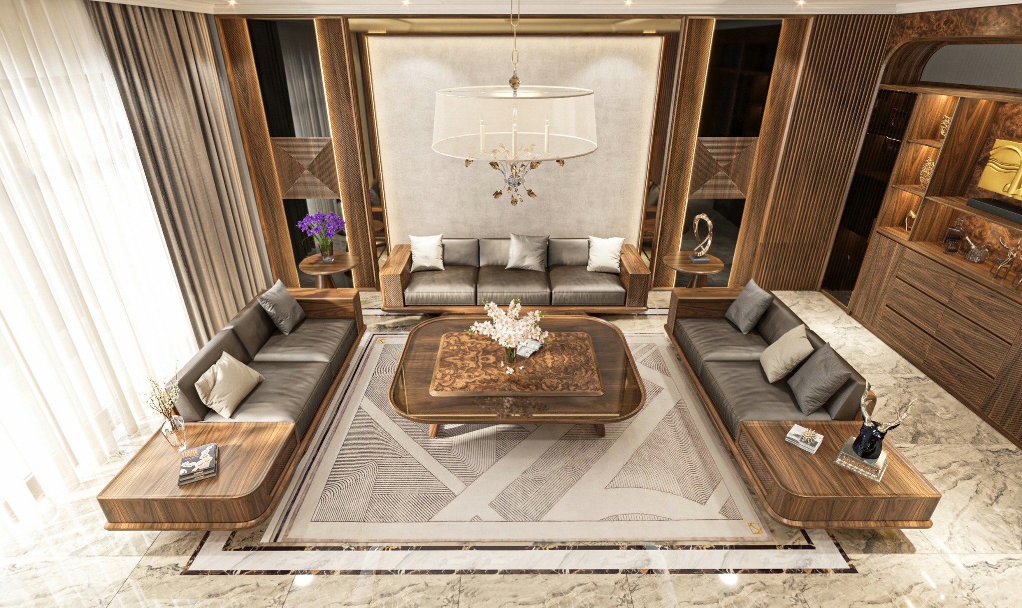 Bộ bàn ghế phòng khách gỗ óc chó cao cấp với bàn trà gỗ kính bo tròn sang trọng