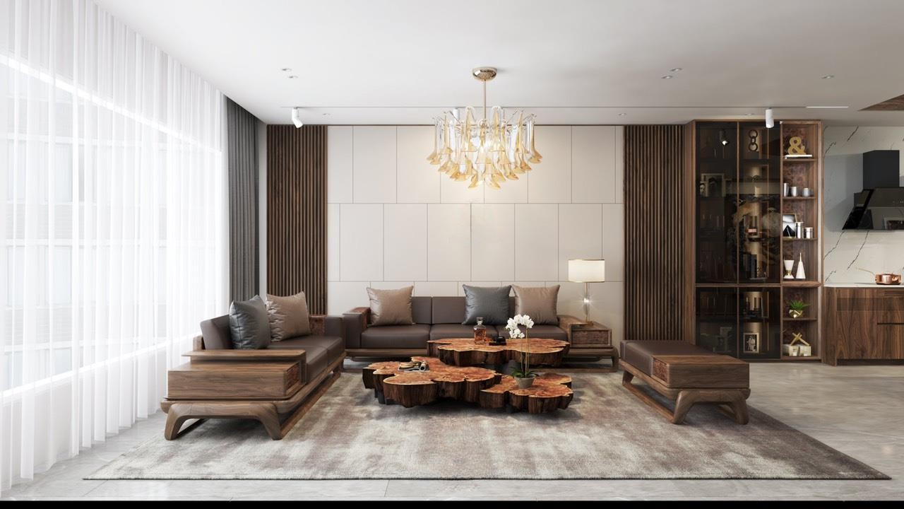 Bàn ghế phòng khách đơn giản hiện đại bố trí chữ U với bàn trà 3 tầng