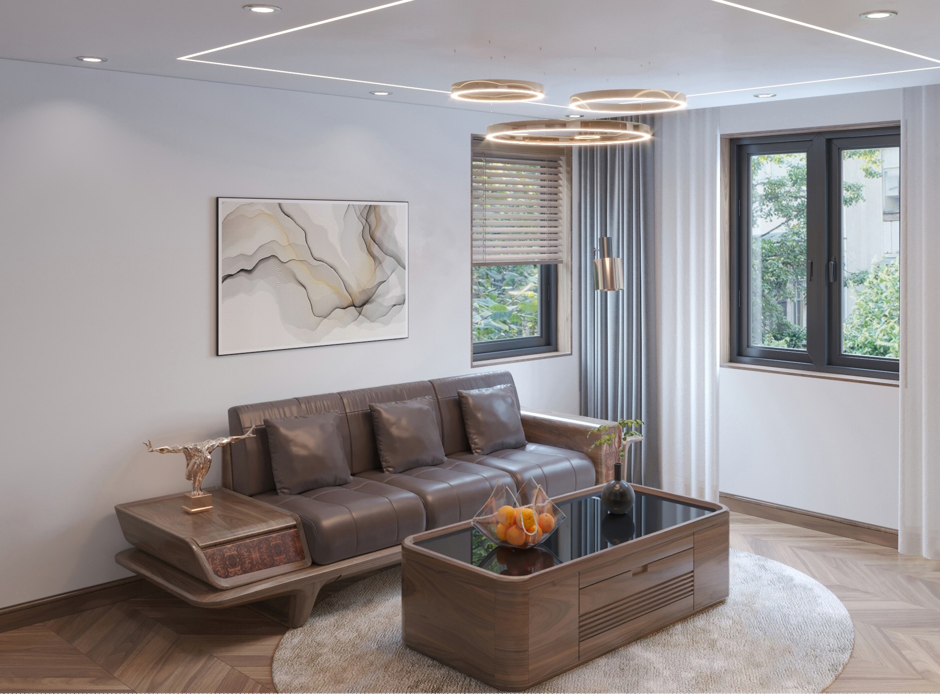 Bộ bàn ghế phòng khách nhỏ gọn bằng gỗ óc chó tự nhiên màu nâu trầm