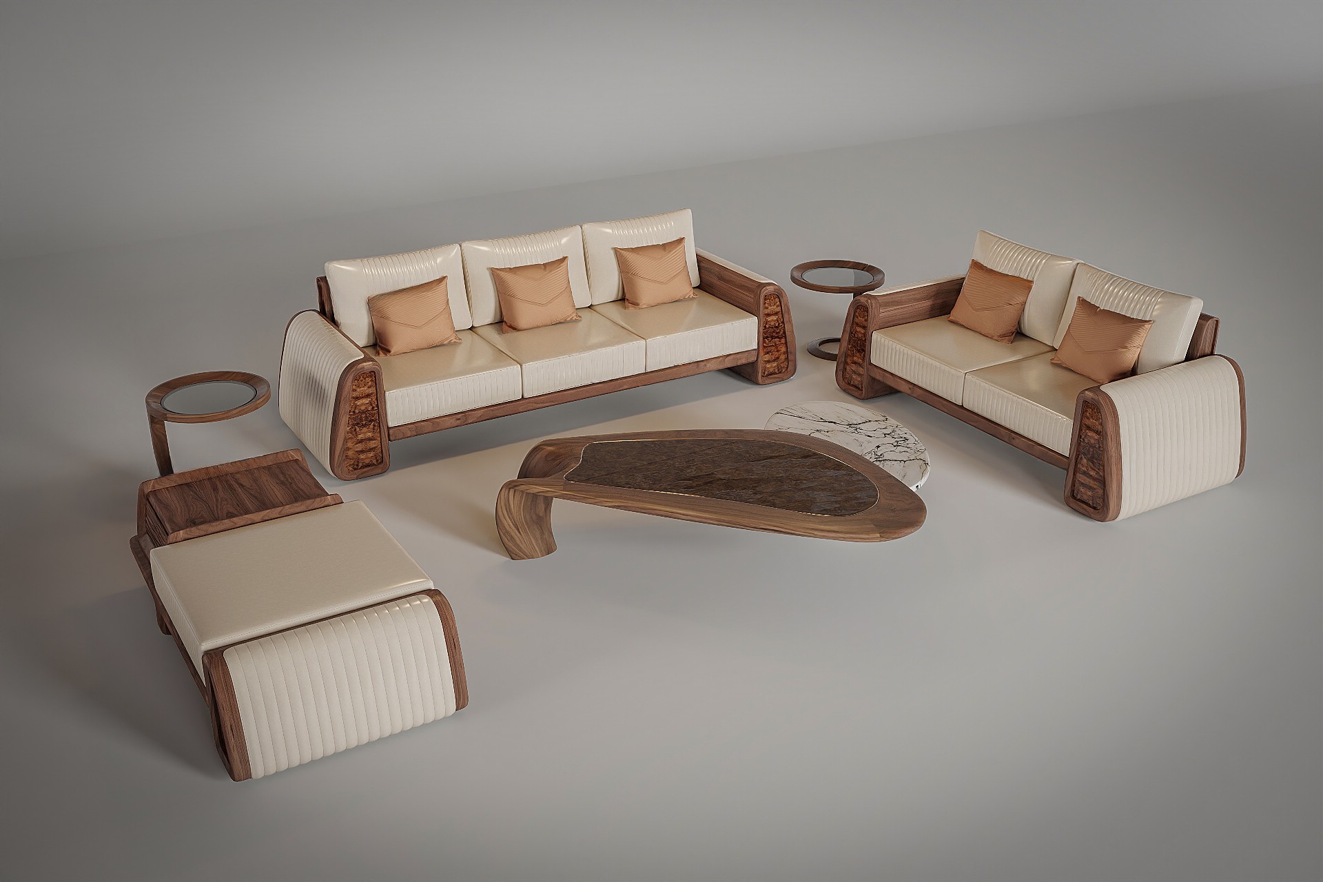 Bàn ghế sofa gỗ phòng khách hiện đại tông trắng kem sang trọng