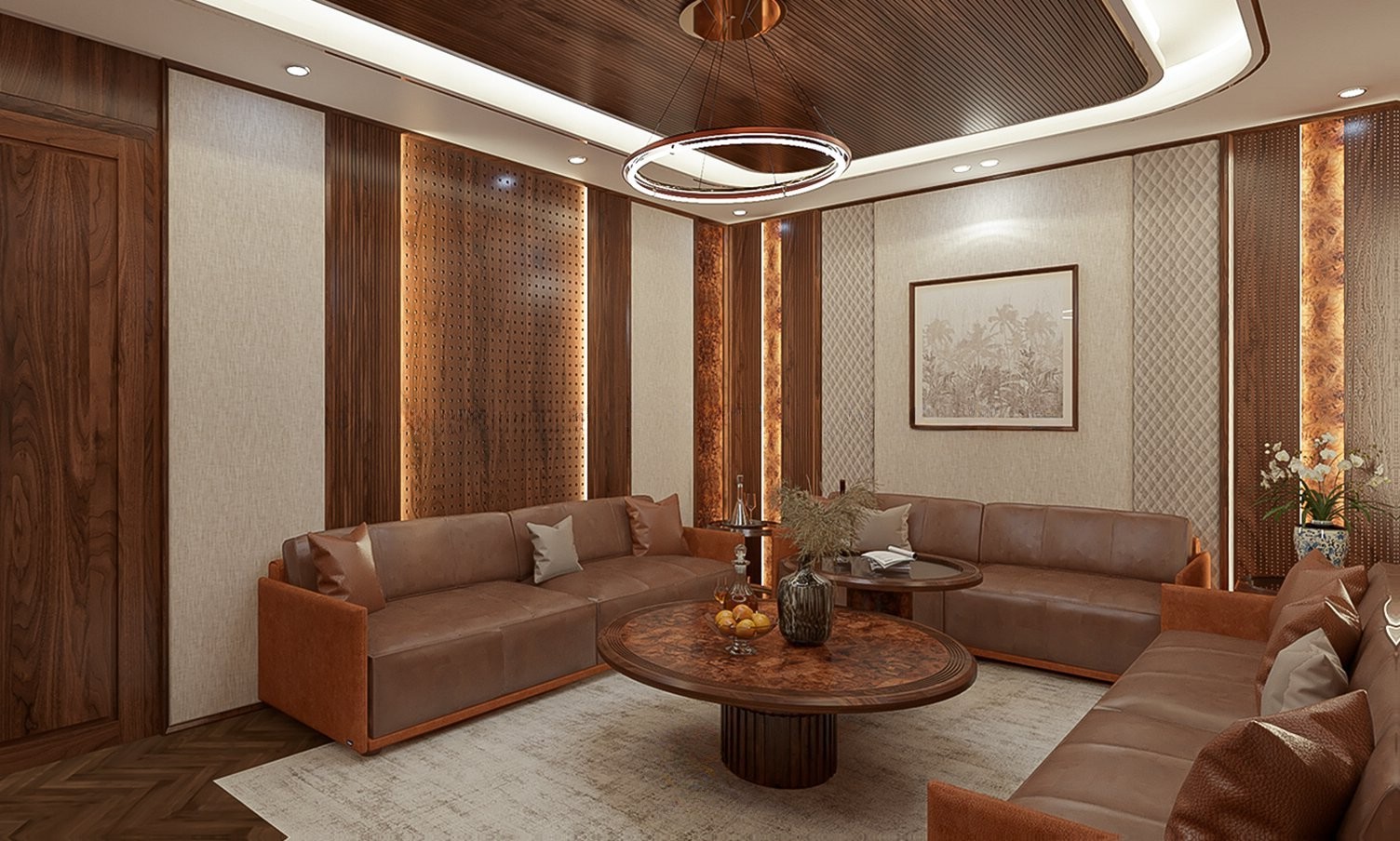 Bàn trà gỗ tròn mặt veneer nu óc chó và kính, thiết kế trụ tròn hiện đại