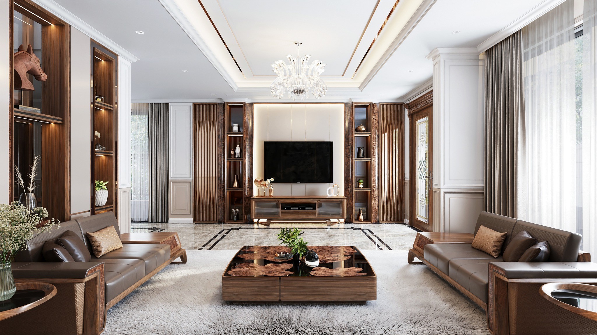 Bàn trà gỗ tự nhiên hình hộp vuông với mặt kính và thân gỗ xẻ