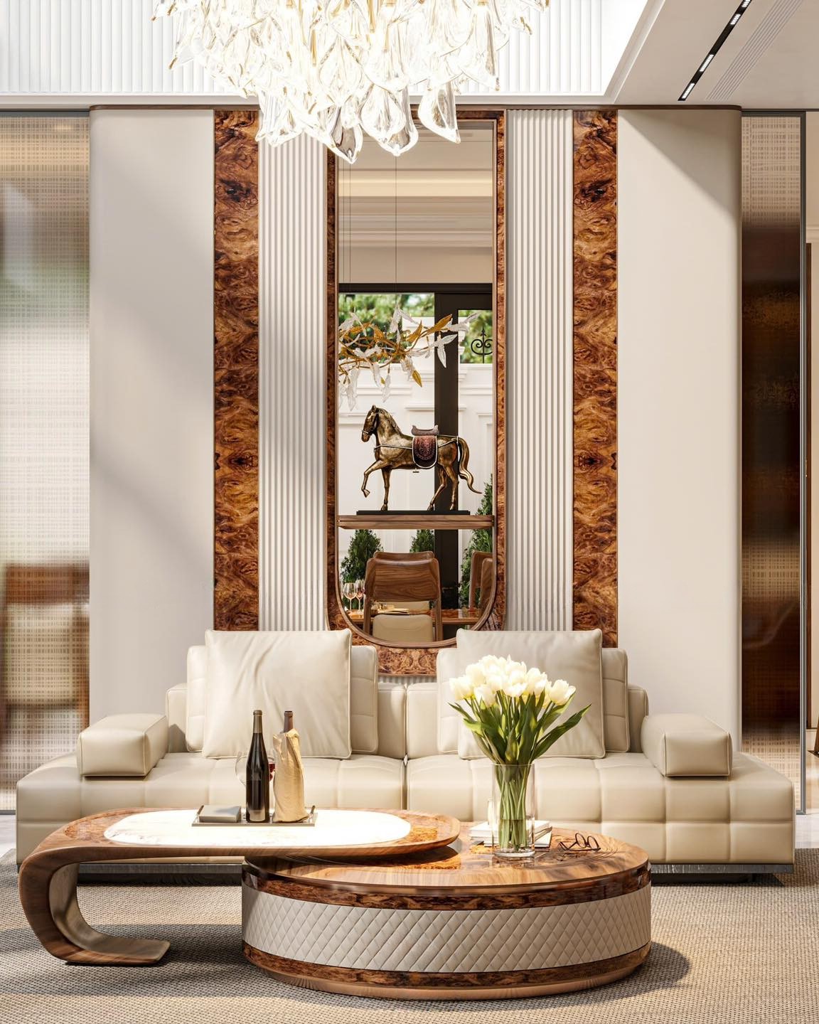 Bàn trà hiện đại 2 tầng tách rời với mặt gỗ veneer nu, kính và đá marble trắng loang