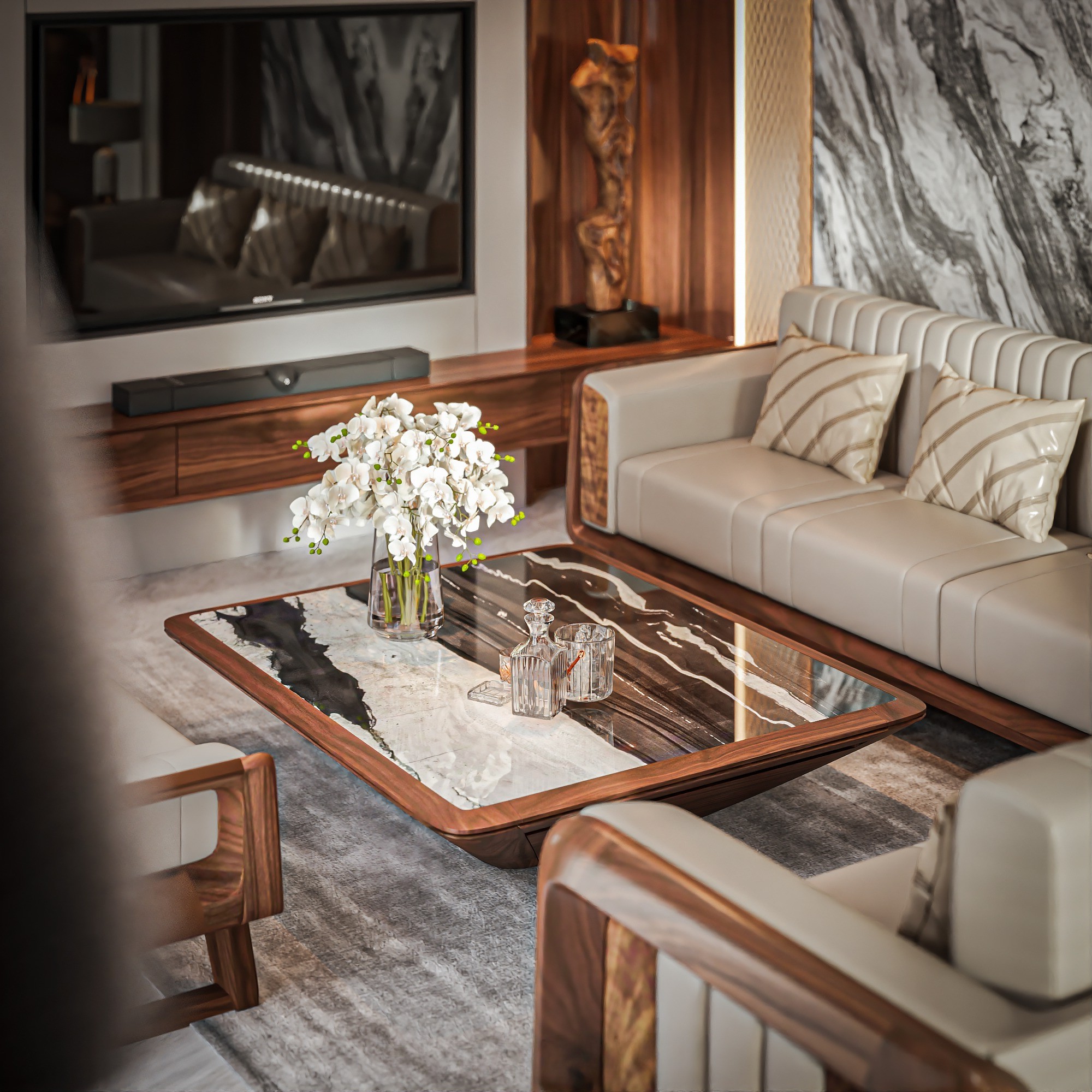 Bàn trà mặt đá cao cấp hình kim tự tháp ngược bằng gỗ óc chó nâu đỏ và mặt đá marble vân mây trắng đen