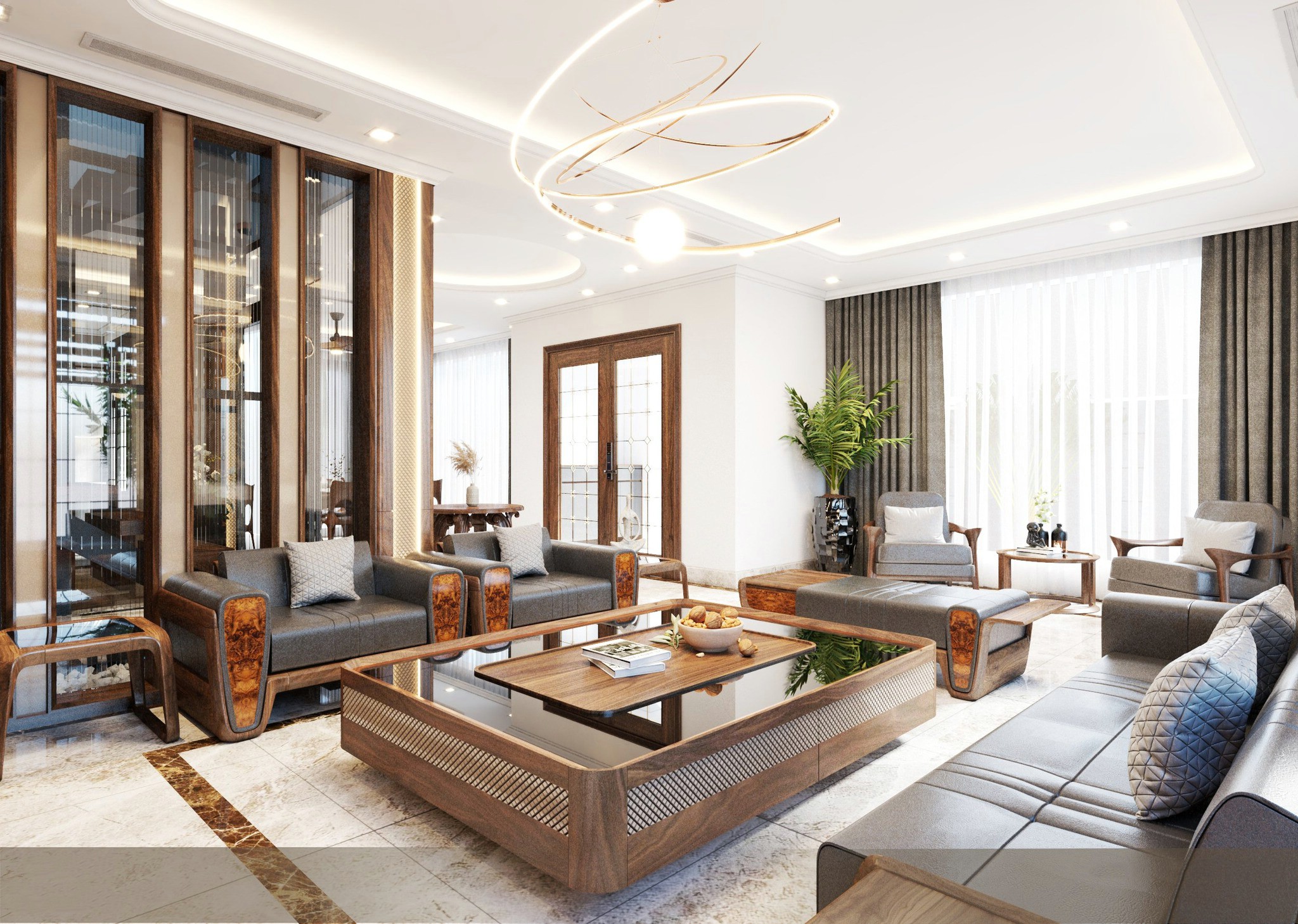 Bàn trà phòng khách đẹp hiện đại mặt kính đen và veneer óc chó