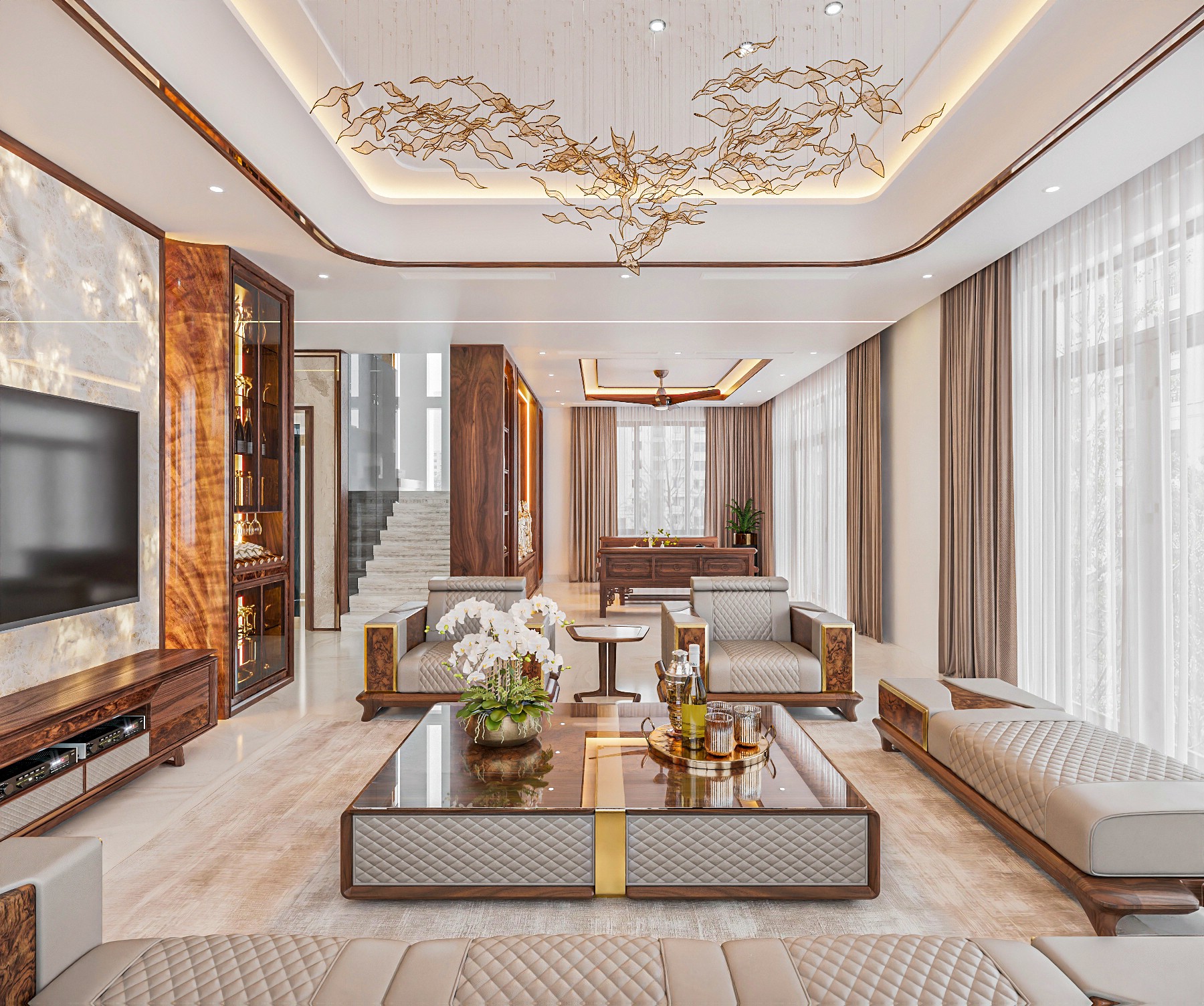 Bàn trà sofa hiện đại gỗ óc chó hình hộp vuông kết hợp da PU chần trám và nẹp mạ vàng