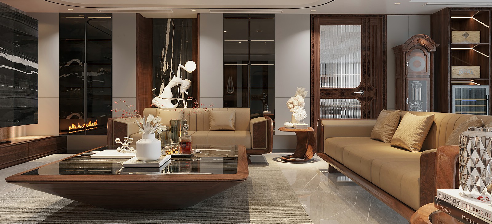 Bàn trà sofa mặt đá hình kim tự tháp ngược khung gỗ óc chó và mặt đá marble đen vân trắng