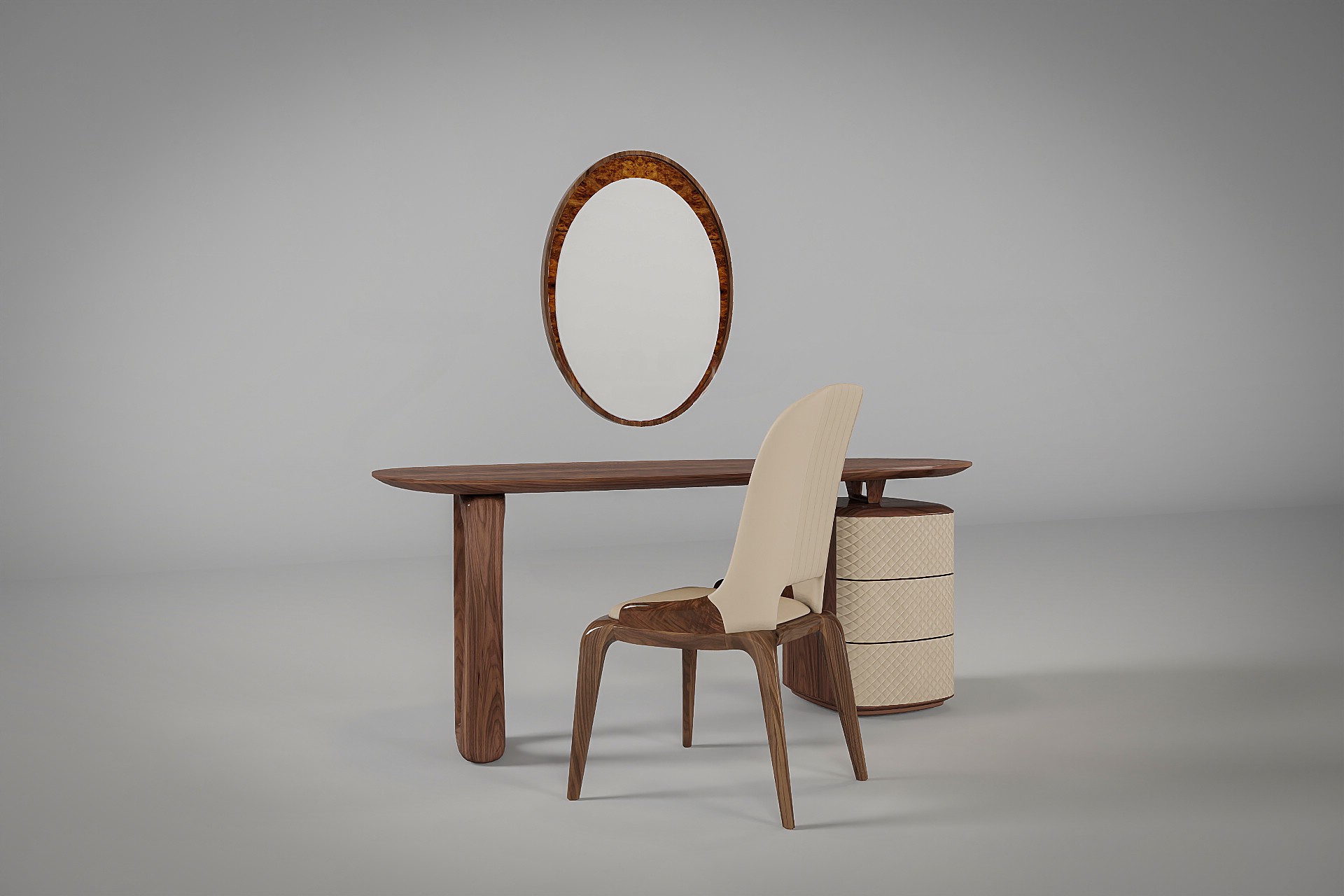 Bàn trang điểm đẹp gỗ óc chó sang trọng với hộc tủ bọc da PU