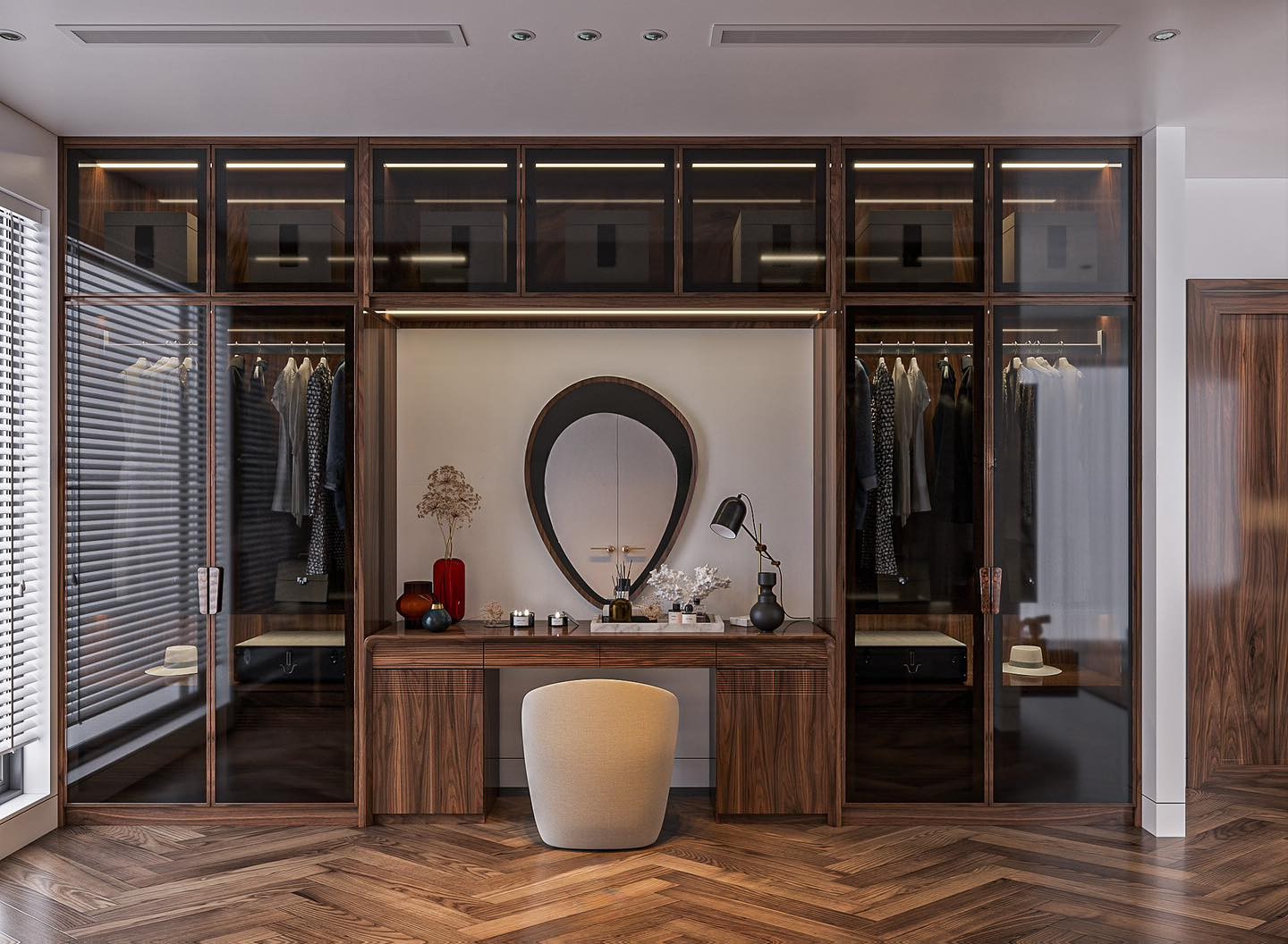 Bàn trang điểm gỗ tự nhiên hiện đại chữ nhật với gương giọt nước khung gỗ