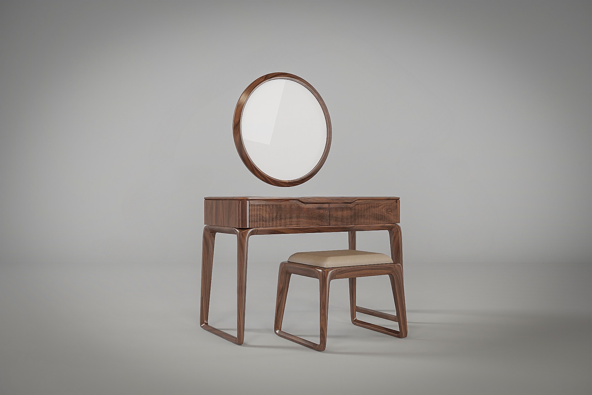 Bàn trang điểm gỗ tự nhiên với ngăn kéo CNC và gương tròn viền gỗ