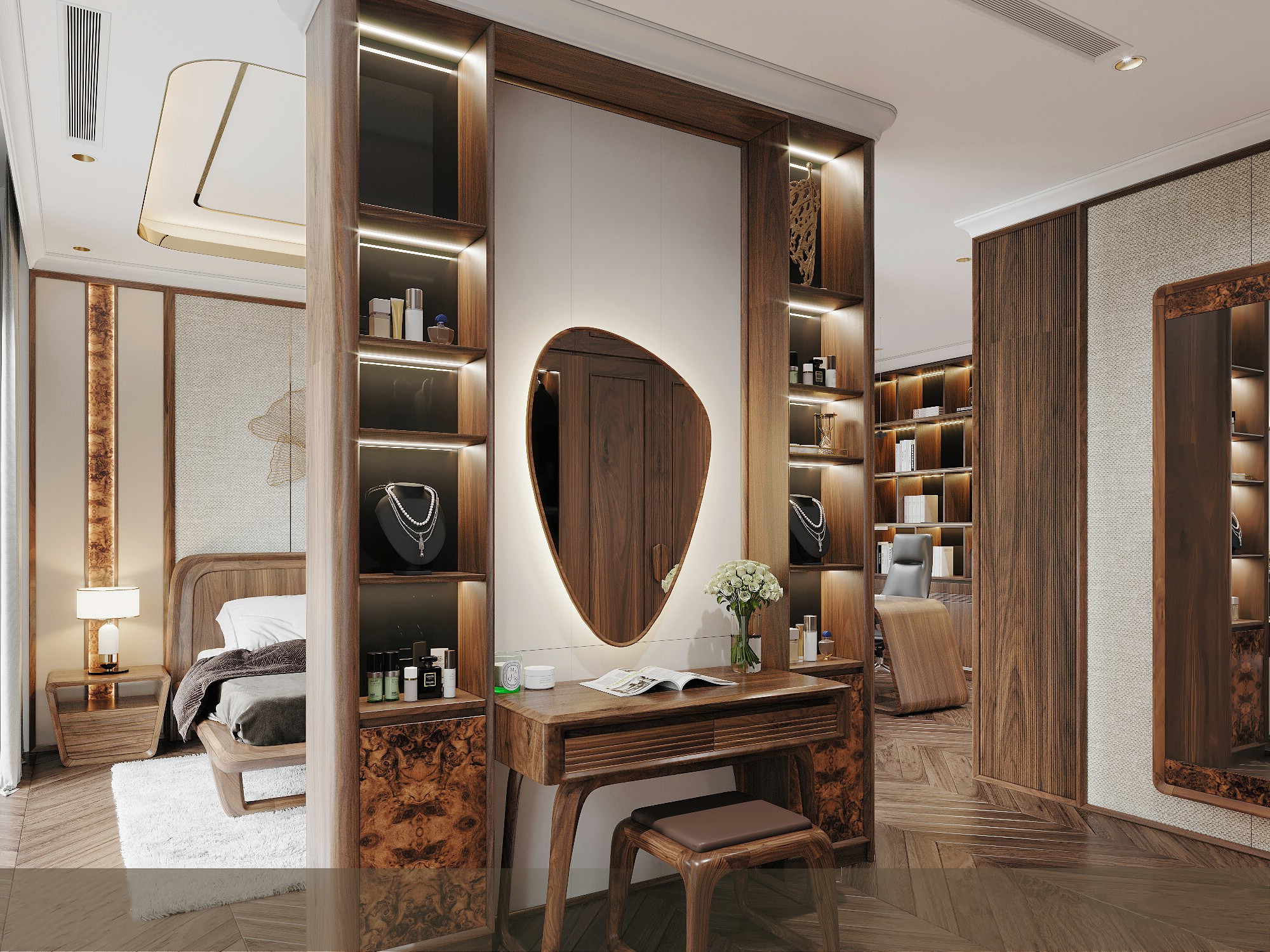 Bàn trang điểm gỗ óc chó cao cấp với ghế đôn da socola