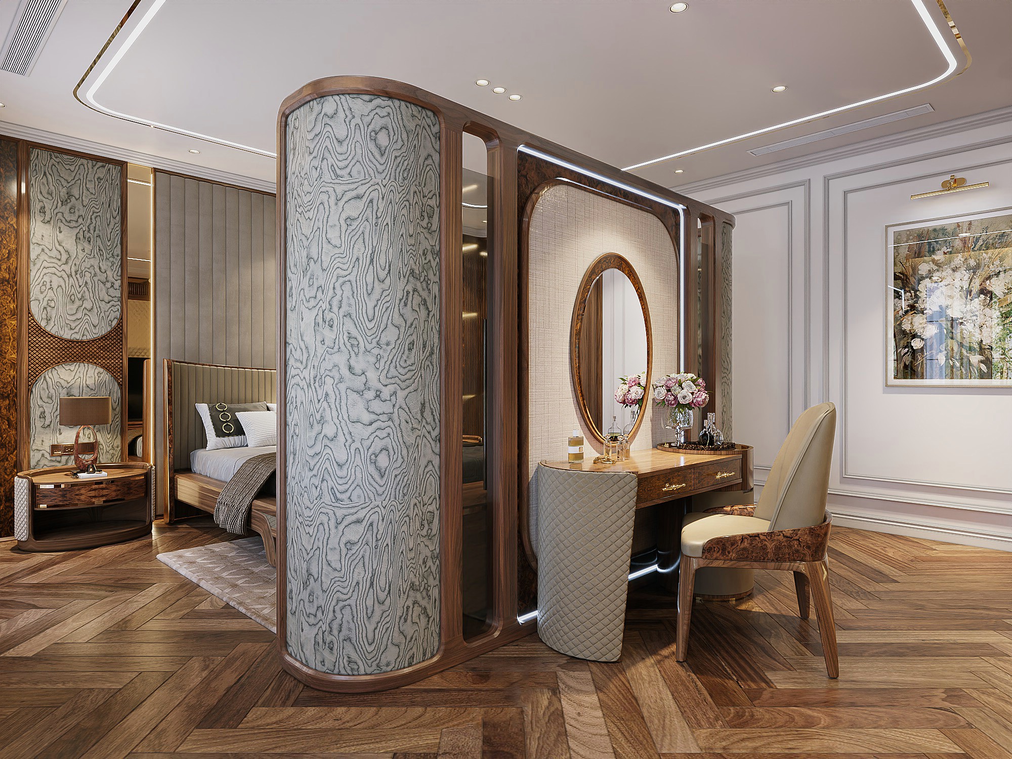 Bàn trang điểm kết hợp bàn làm việc gỗ tự nhiên với gương oval Bàn trang điểm kết hợp bàn làm việc gỗ tự nhiên với gương oval