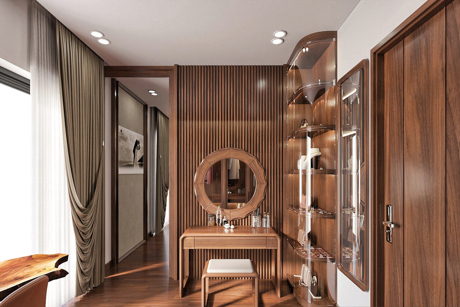 Bàn trang điểm nhỏ gọn gỗ óc chó hiện đại