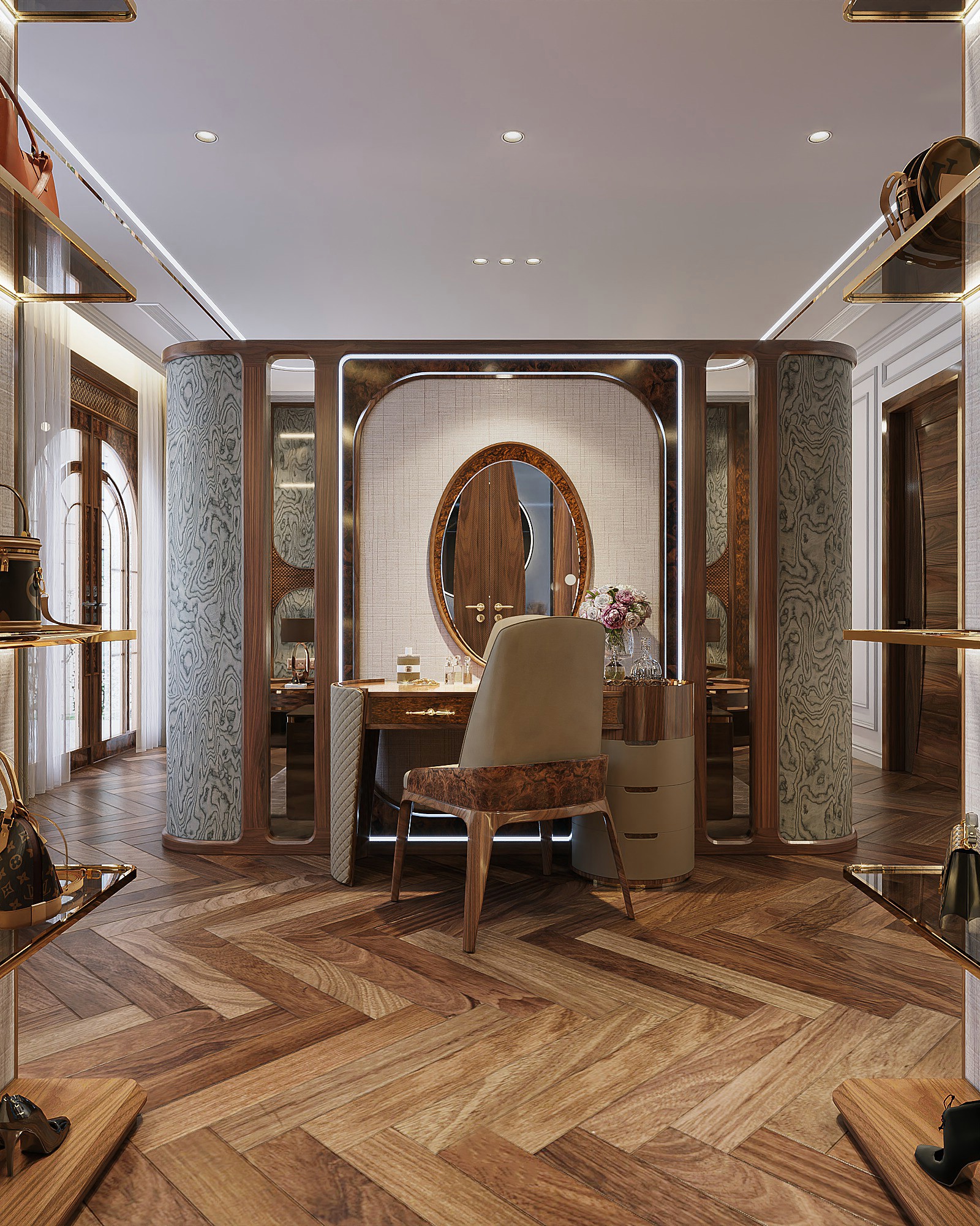 Bàn trang điểm phòng ngủ hiện đại với chân vòm cung ốp da và gương oval viền veneer nu