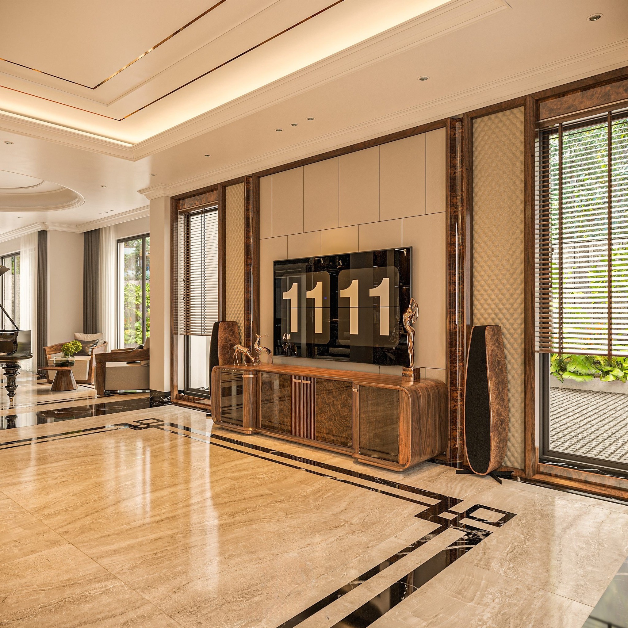 Kệ tivi gỗ óc chó tự nhiên với cánh kính và veneer nu sang trọng