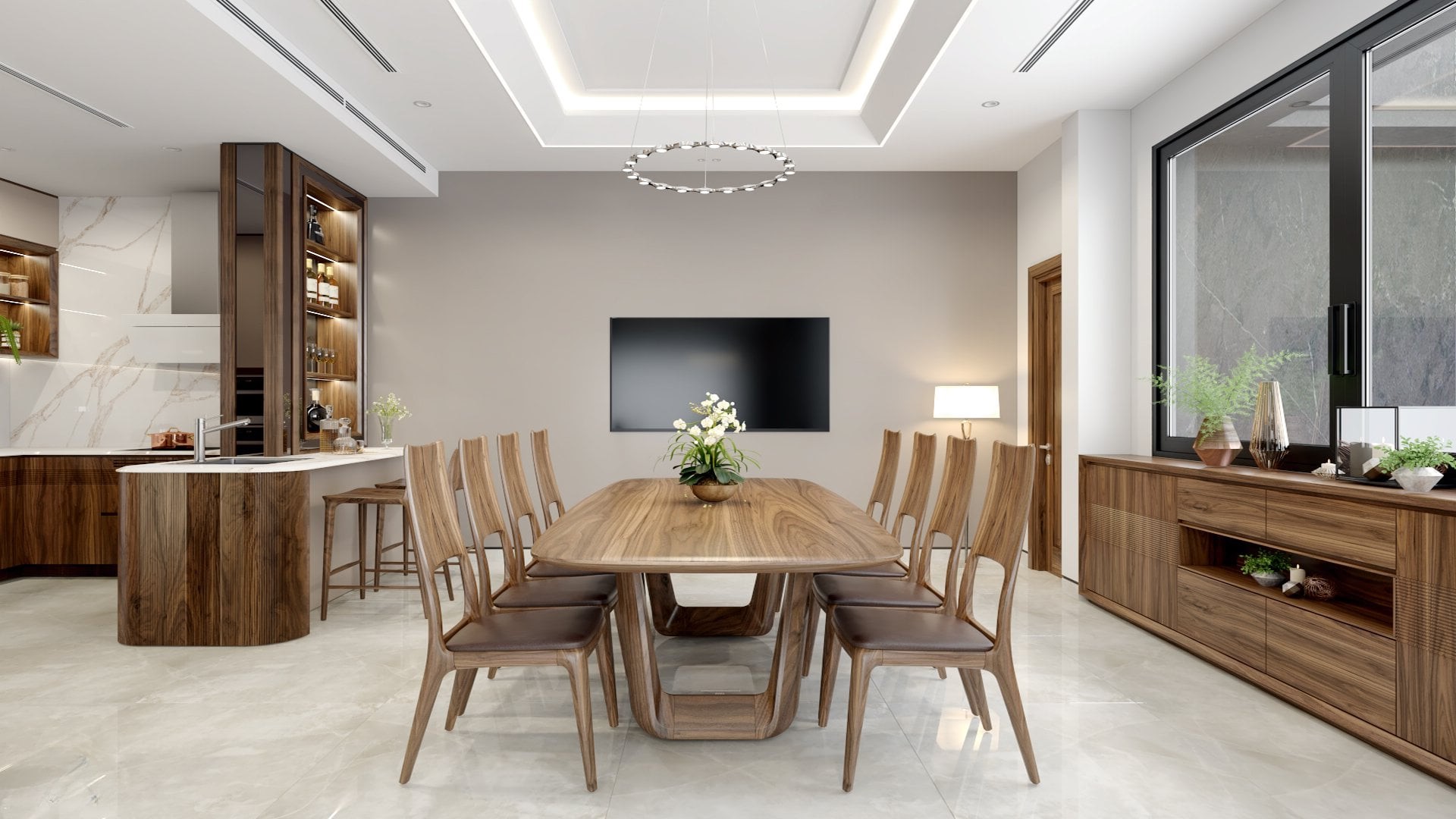 Bộ bàn ăn 8 ghế gỗ sồi tự nhiên hiện đại cho phòng bếp sang trọng