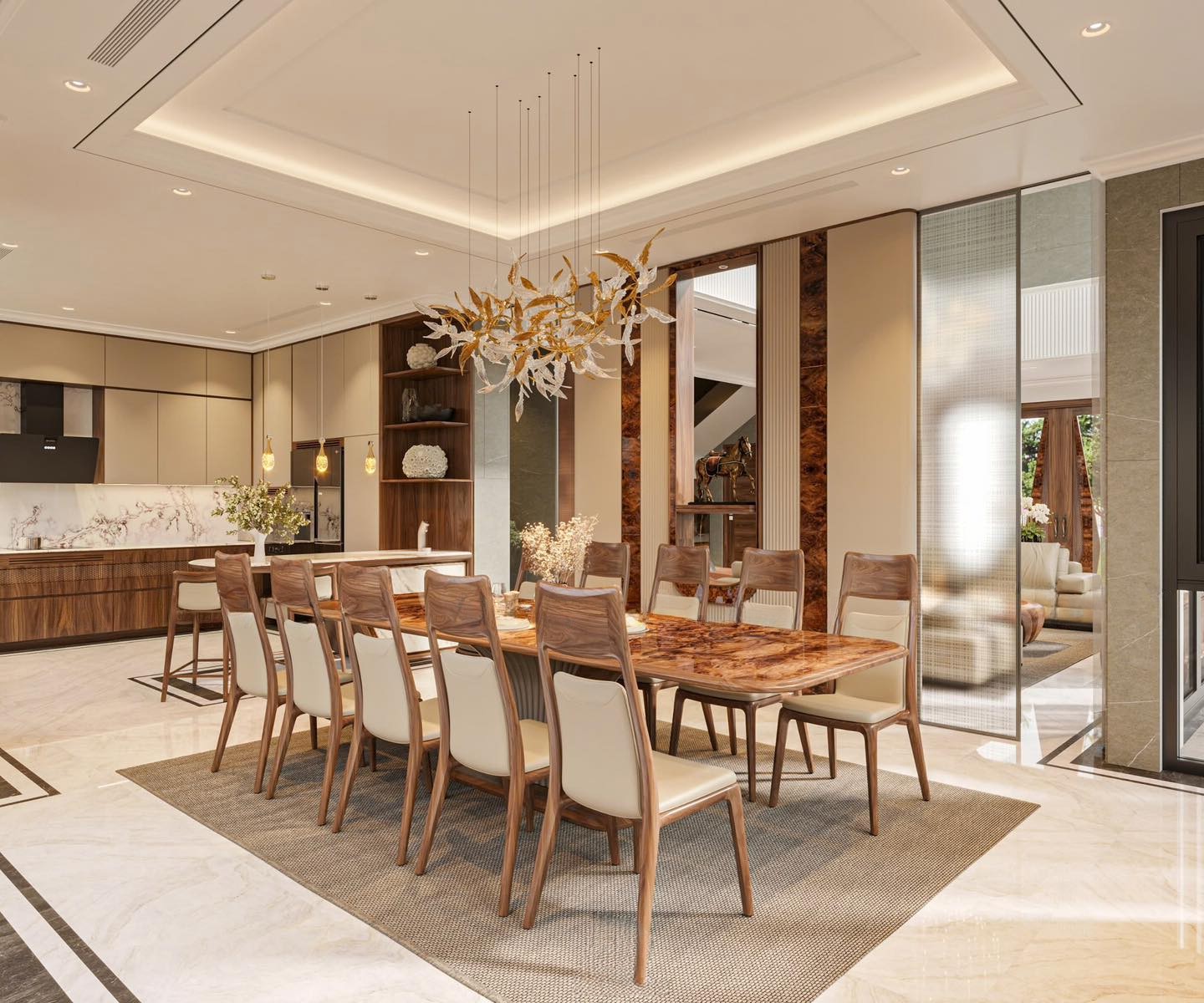 Bộ bàn ăn hiện đại mặt gỗ veneer nu, chân trụ chữ V ốp da xám, 10 ghế bo tròn màu be