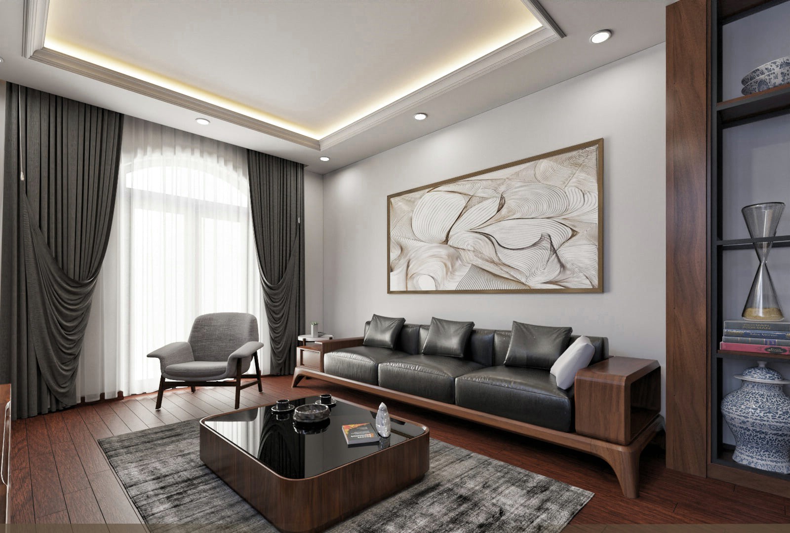 Bộ bàn ghế gỗ phòng khách nhỏ hiện đại với ghế băng và bàn trà kính đen