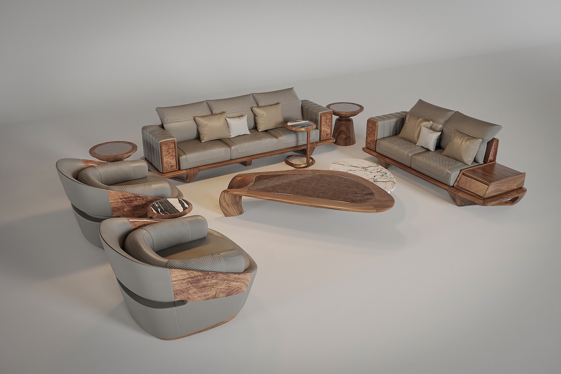 Bộ bàn ghế phòng khách gỗ óc chó với đệm da xám và bàn trà hình chiếc lá veneer nu