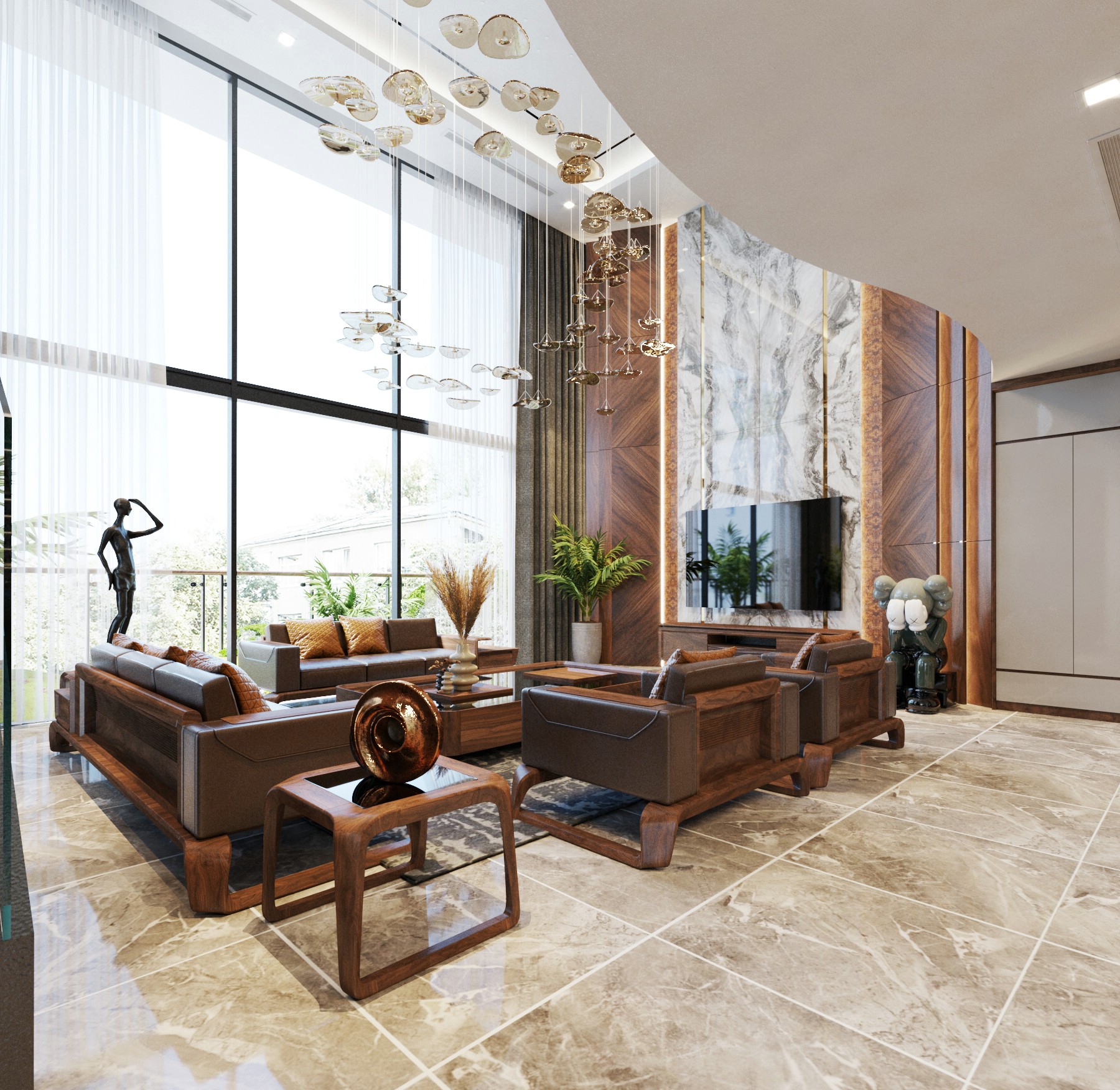 Bộ bàn ghế phòng khách hiện đại khung gỗ chữ U liền khối và đệm da nâu đen sang trọng