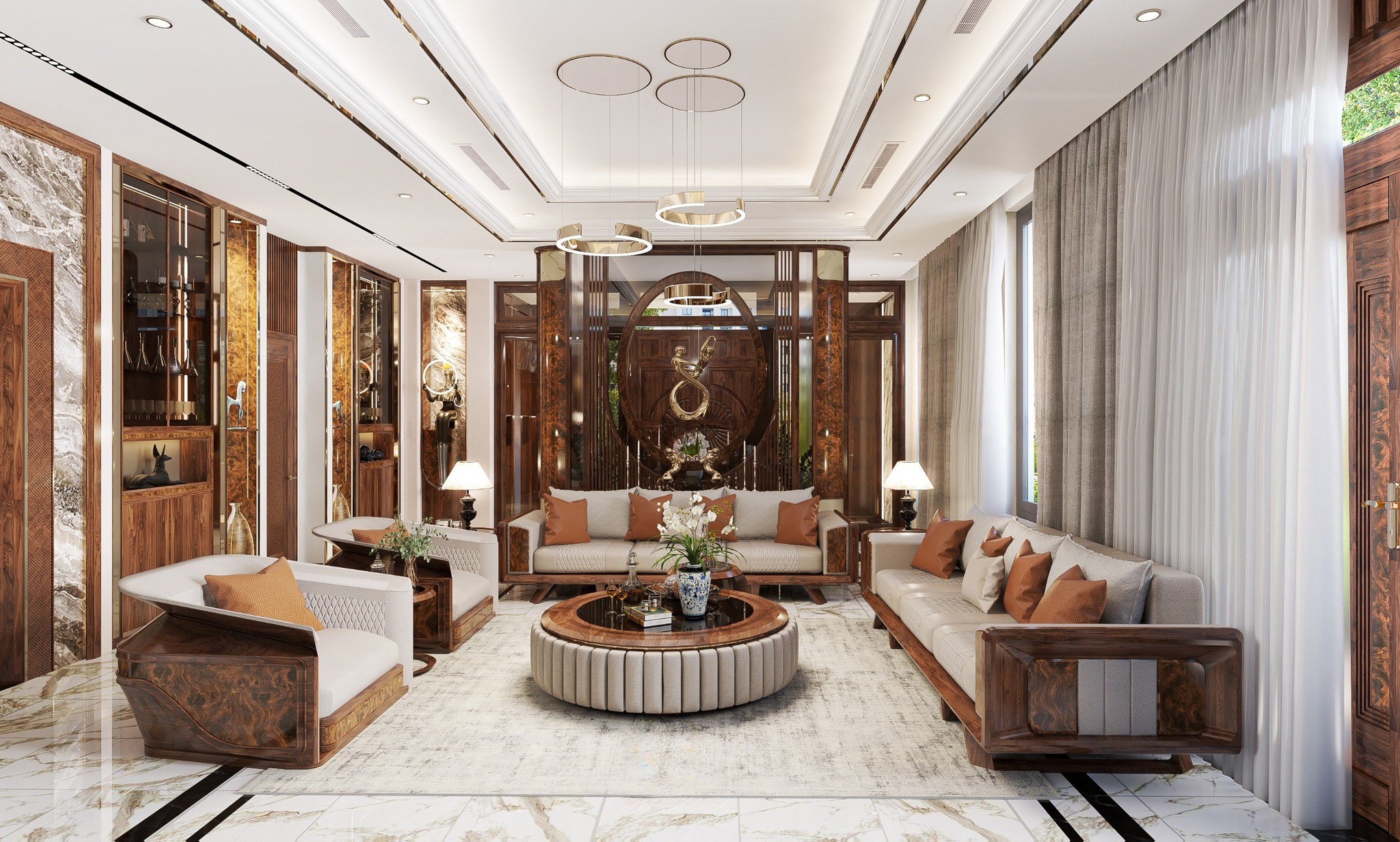 Bộ bàn ghế sofa gỗ óc chó kết hợp veneer nu cao cấp thiết kế sang trọng cho phòng khách