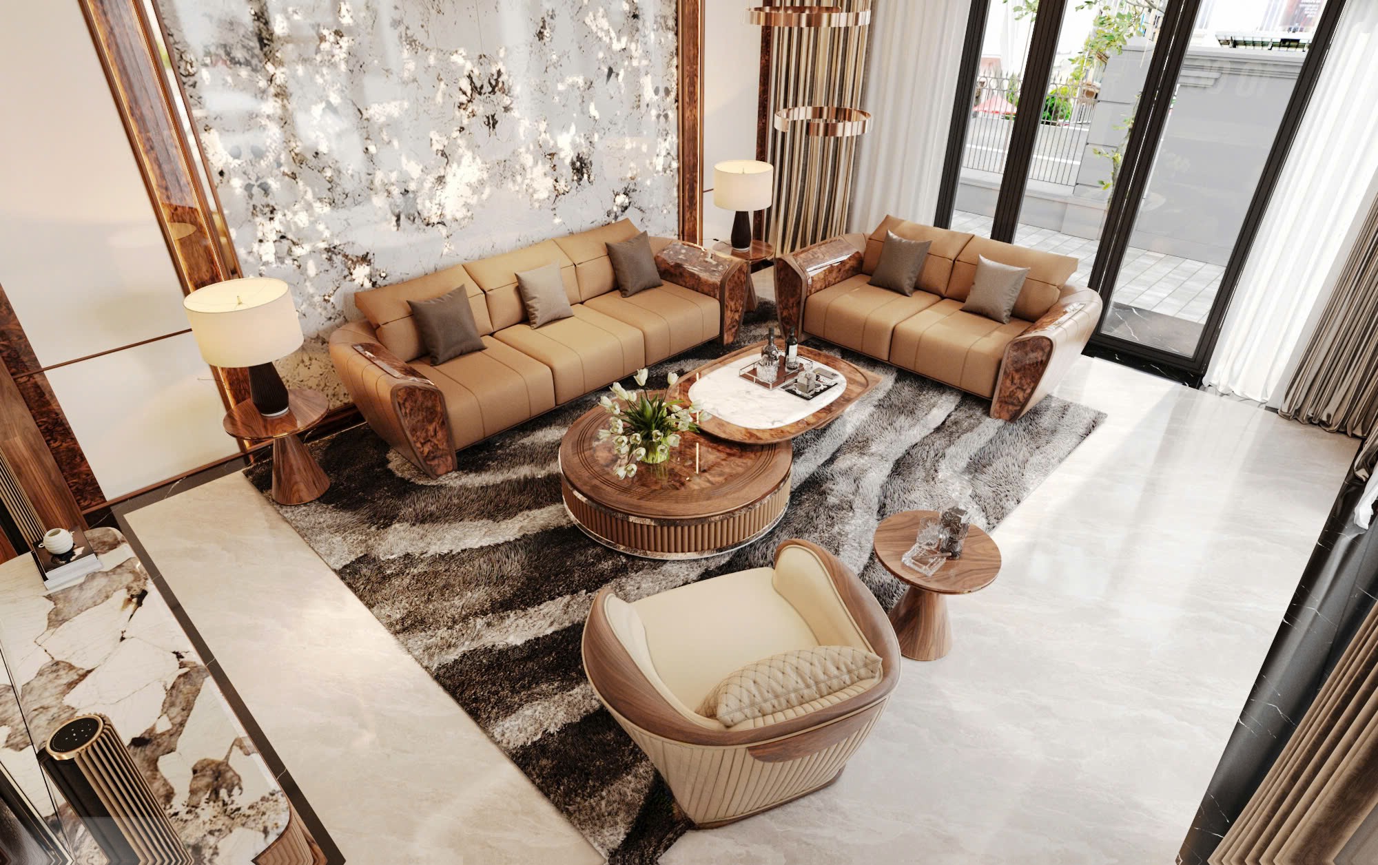 Sofa gỗ óc chó phối da vàng bò, ghế đơn sồi da trắng, bàn tròn và bàn quá trứng độc đáo
