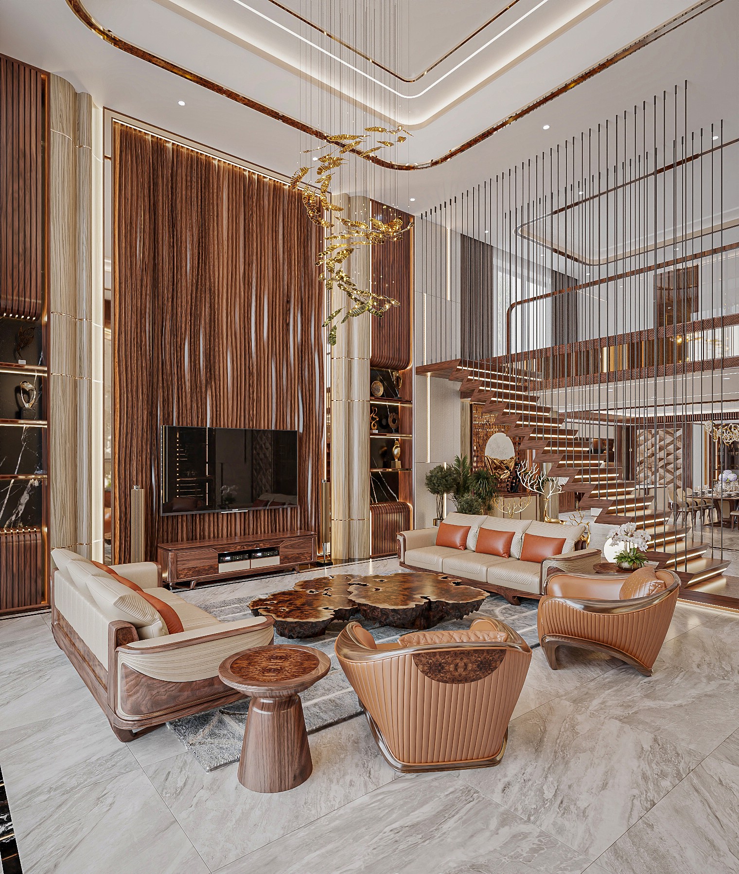 Bộ sofa gỗ tự nhiên màu nâu trầm với ghế đơn bọc da cam đất và bàn trà nguyên khối