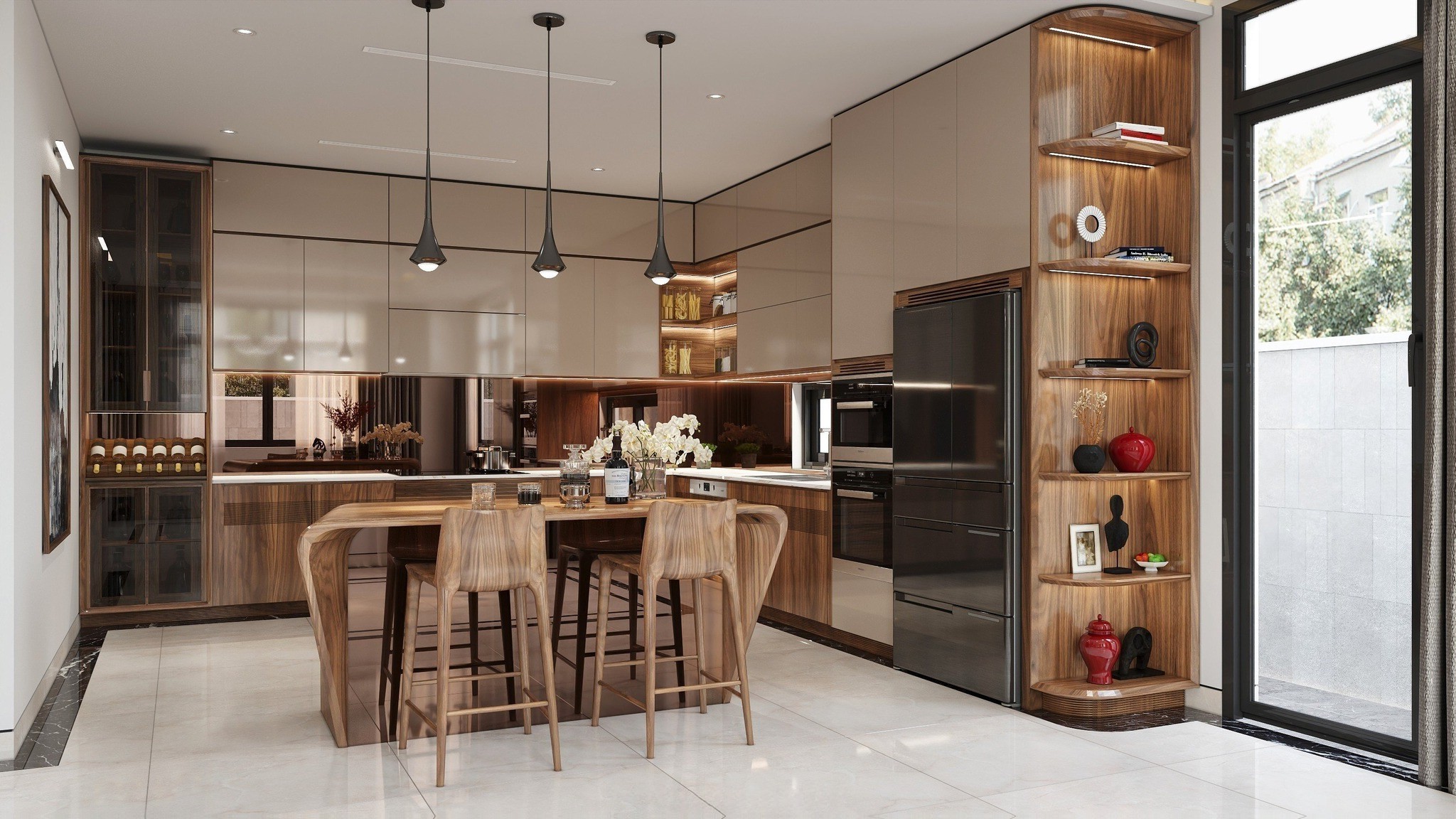 Bộ tủ bếp cao cấp chữ L veneer óc chó kết hợp acrylic và tủ rượu