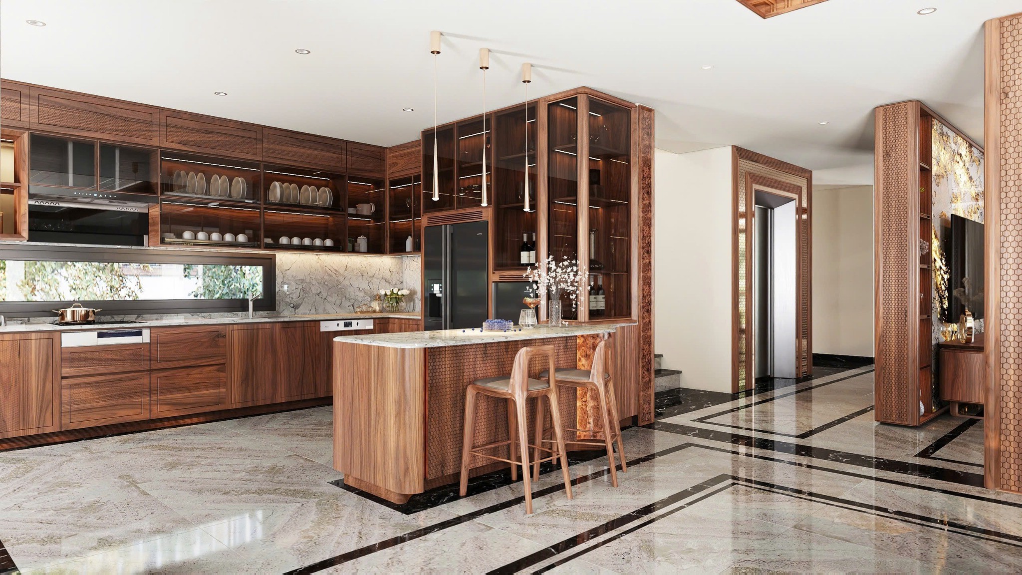 Nội thất phòng bếp gỗ óc chó sang trọng, hiện đại