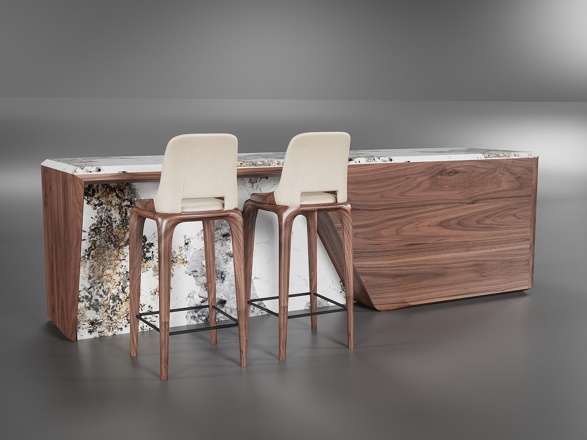 Đảo bếp kết hợp quầy bar gỗ óc chó mặt đá marble trắng