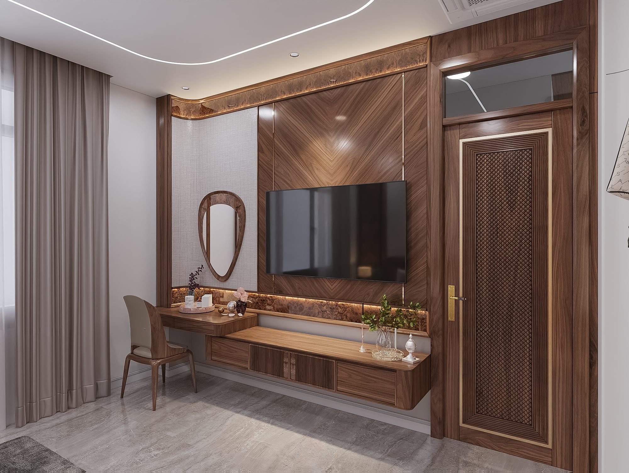 ghế bàn trang điểm gỗ óc chó tự nhiên tựa lưng cao bọc da PU màu ghi