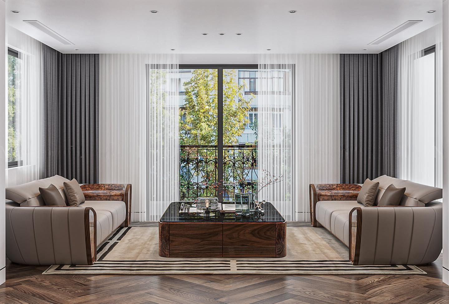 Ghế sofa gỗ phòng khách nhỏ gọn hiện đại với bàn trà mặt đá đen sang trọng