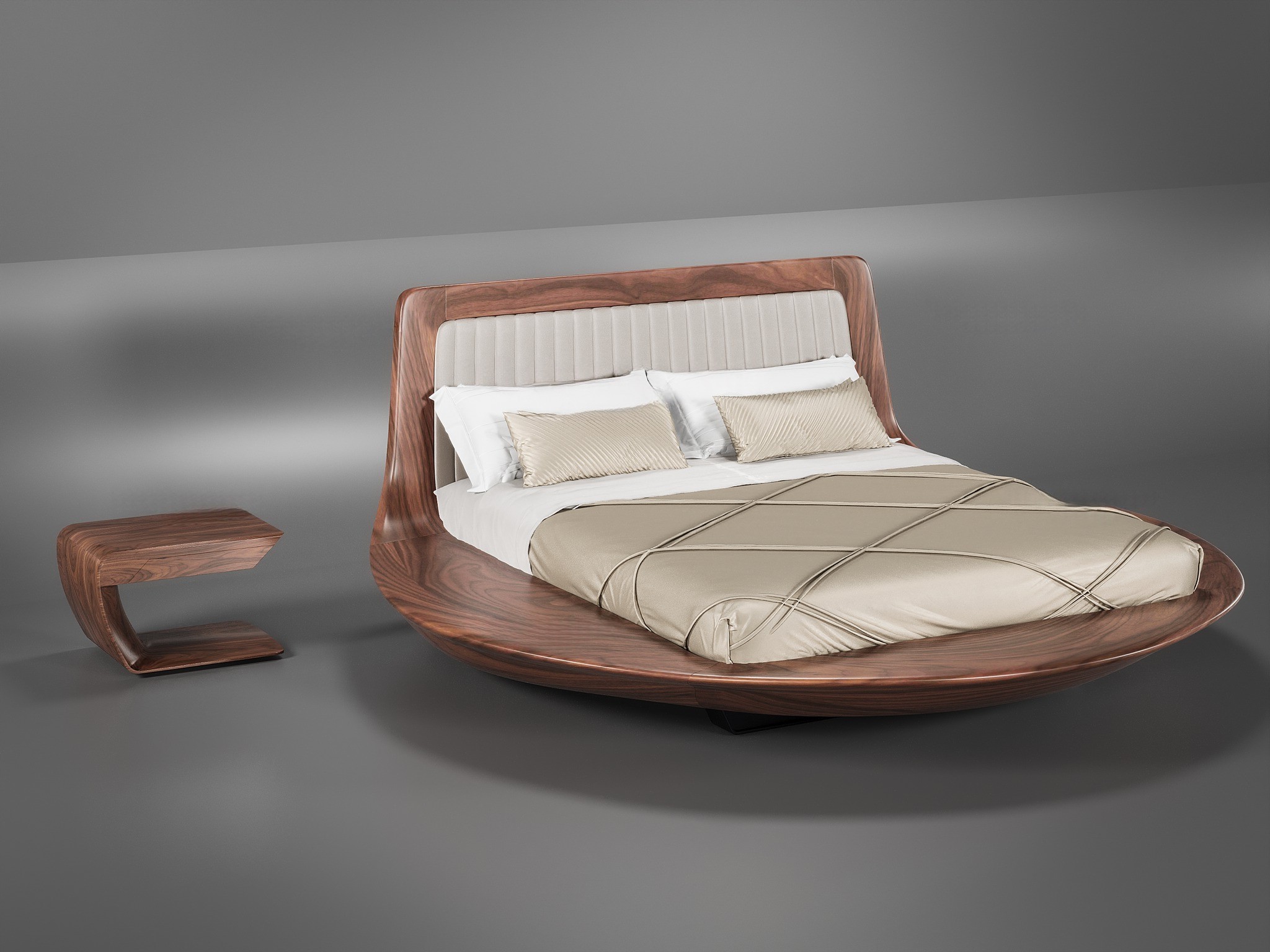 Giường ngủ hiện đại hình tròn gỗ óc chó đầu giường bọc da PU