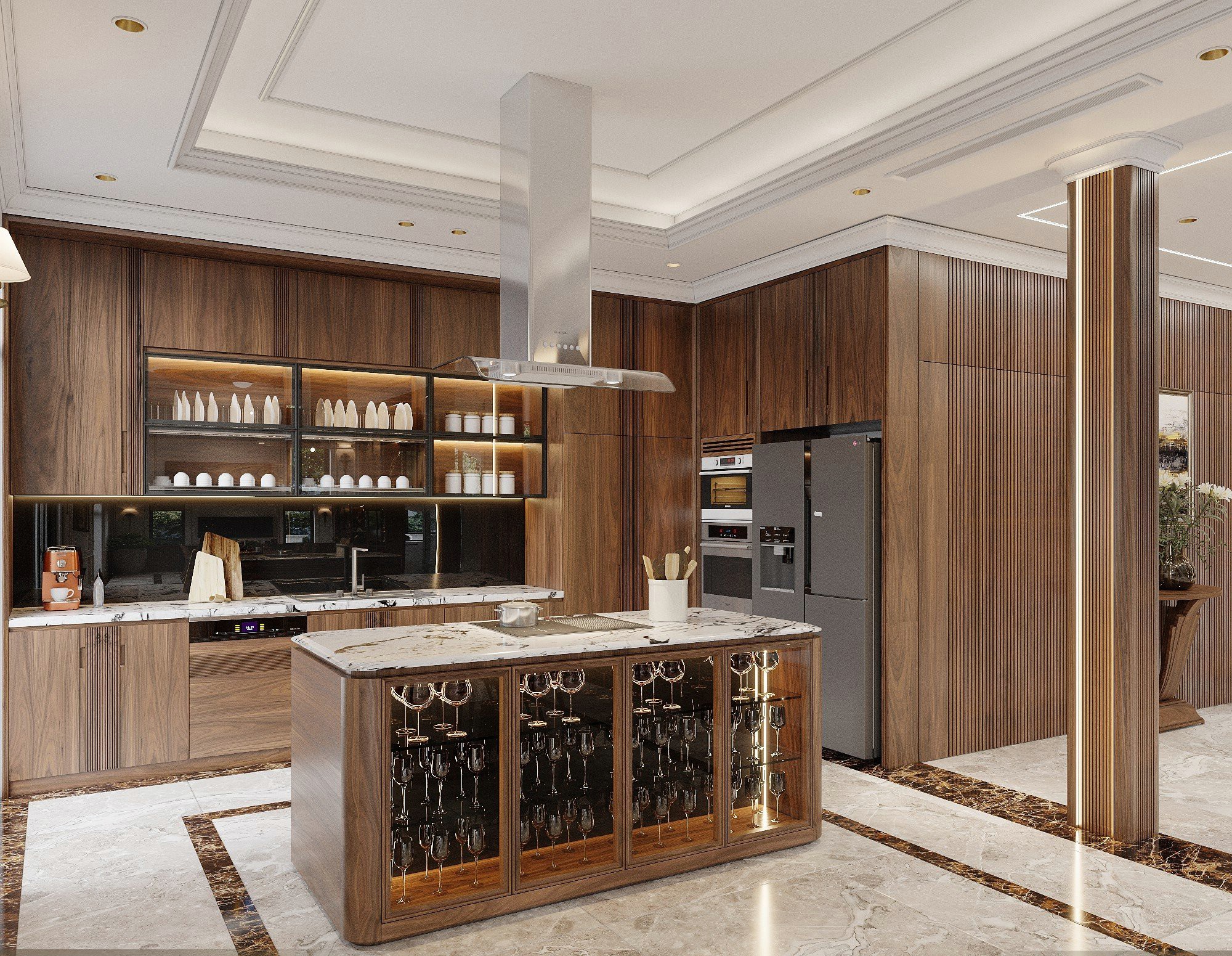 Tủ bếp veneer óc chó hình chữ L sang trọng