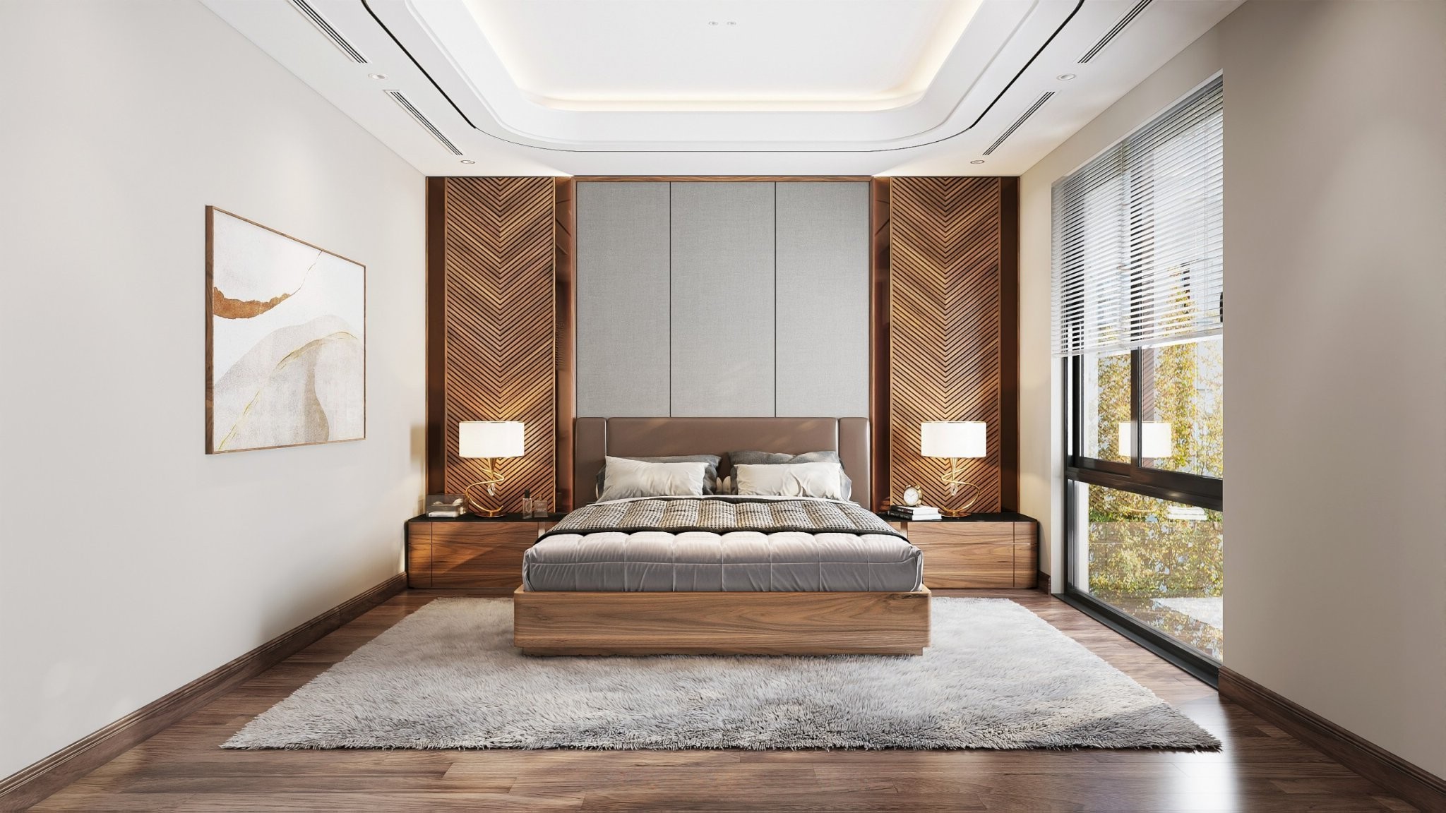 Giường gỗ công nghiệp hiện đại màu nâu veneer óc chó