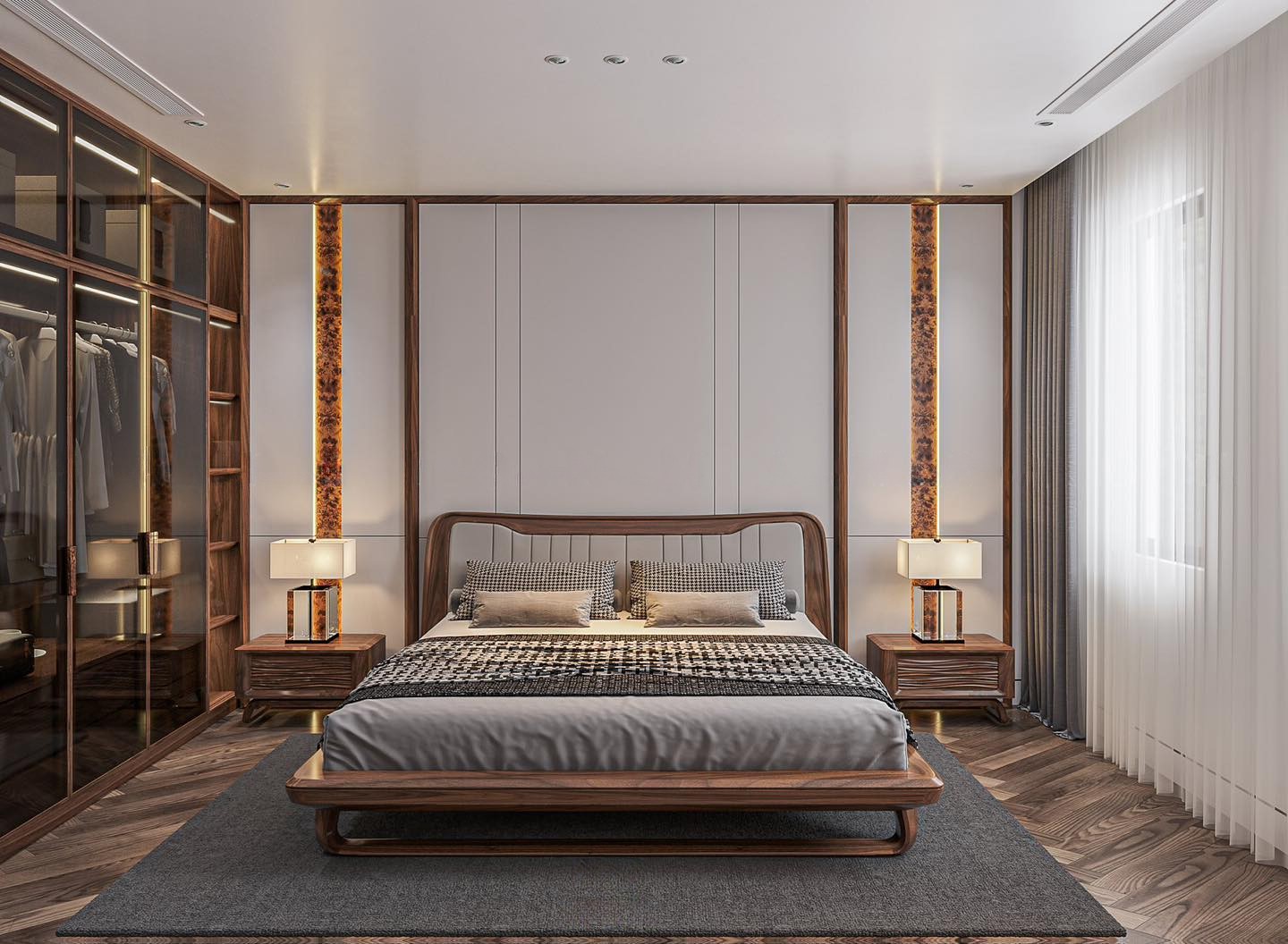 Giường ngủ 1m6 x 2m gỗ óc chó thiết kế platform hiện đại